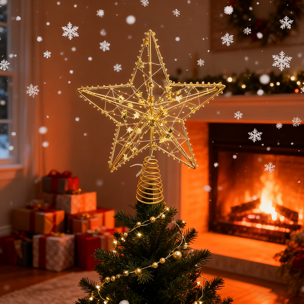 Topo de árvore de Natal em forma de estrela com luzes LED, decorações de Natal douradas, topo de árvore de Natal, enfeite de Natal - 6
