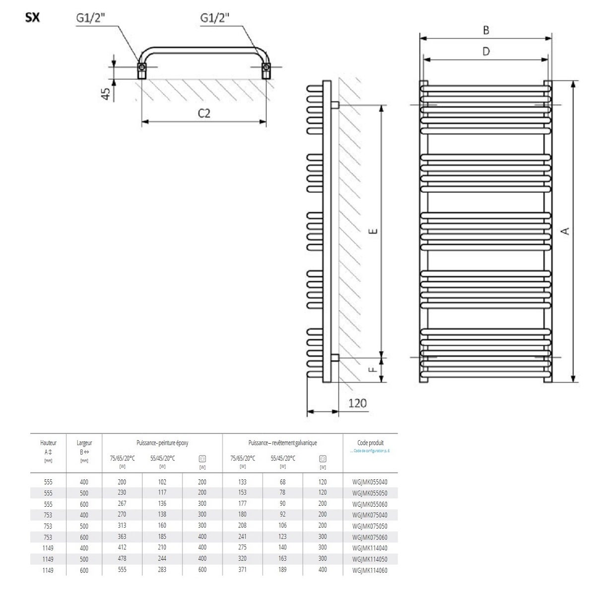 Sèche serviette électrique chrome-mat inox - EMMA - 800 watt - 114 x 60 - 6