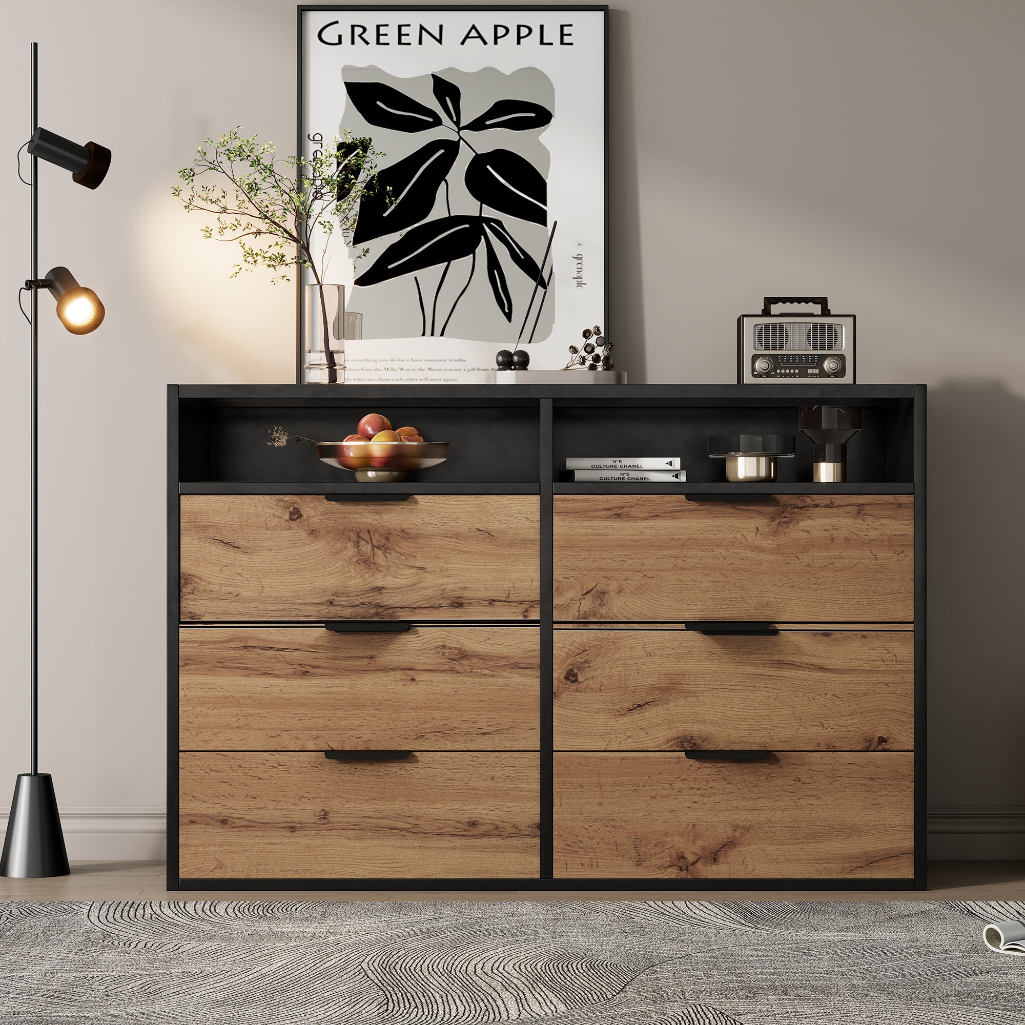 Commode avec 6 tiroirs et 2 compartiments - plateau en verre - Marron ...