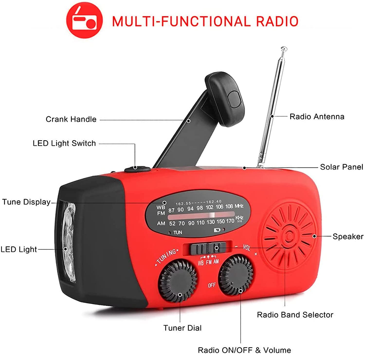 Radio meteorologica di emergenza alimentata a energia solare, autoalimentata, AM/FM/WB, radio a manovella, torcia LED, 2000 mAh (verde) | Leroy Merlin