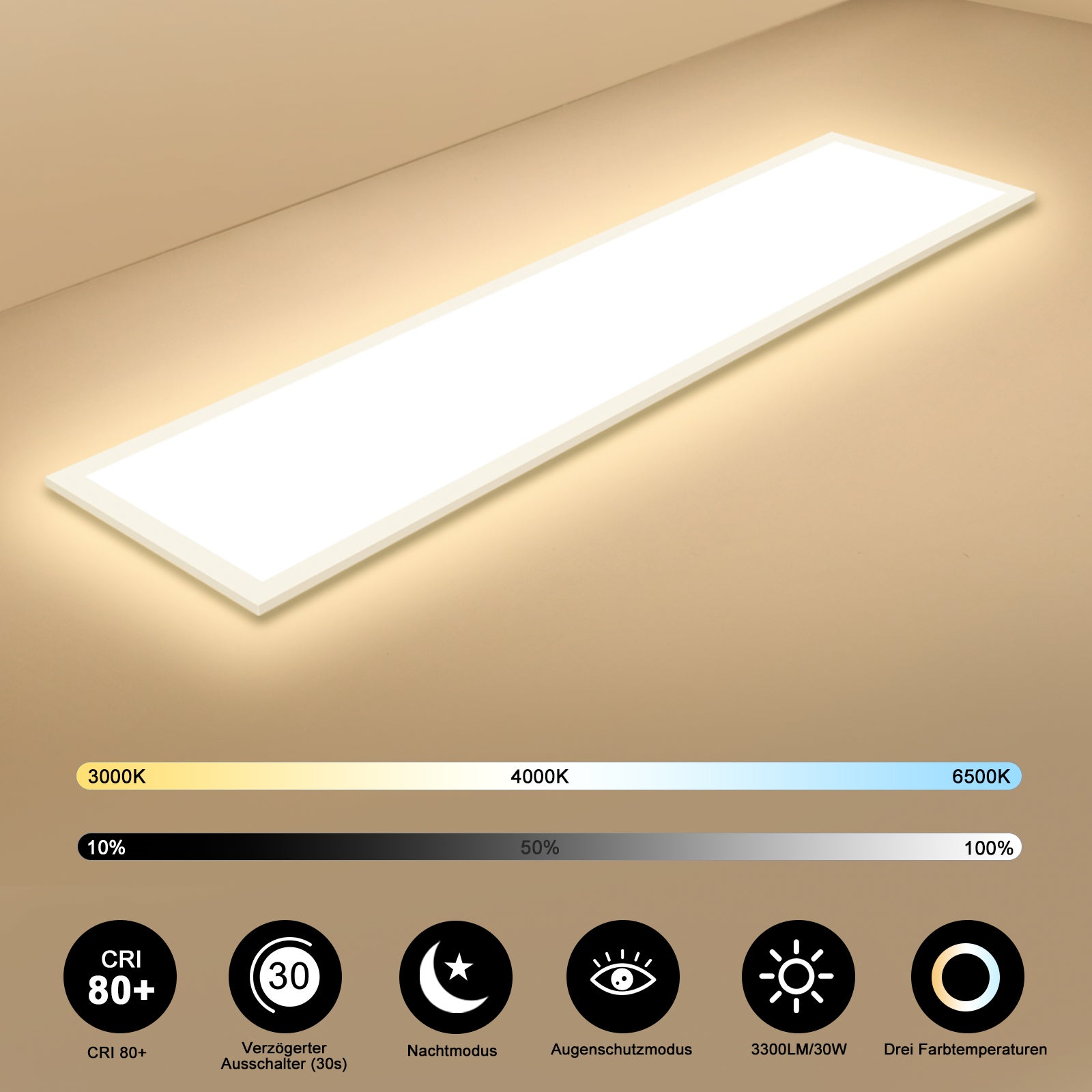 LOVHAUS Plafonnier LED 100x25CM avec Télécommande, LED Panel 30W 3300LM, Lumière Réglable, Fonction Mémoire, 3000K-6500K - 2