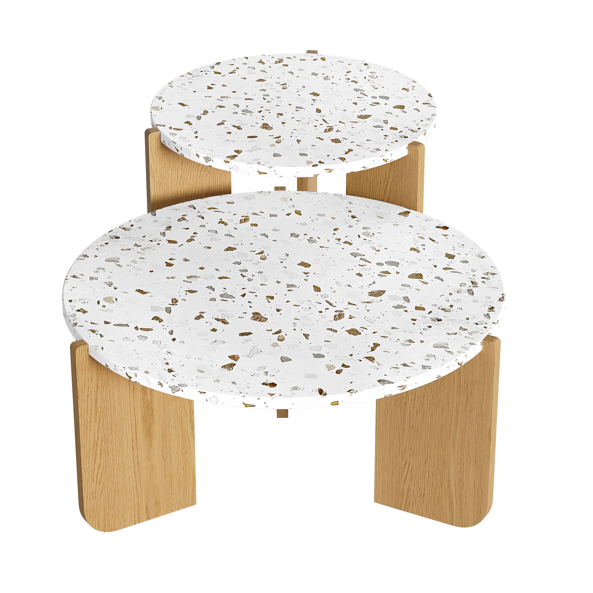 Tables Basses Gigogne Ronde lot de 2, Design Scandinave - Plateau Terrazzo & Pieds en Bois,Table d'appoint pour Petits Espaces,MDF+Naturelle - 8