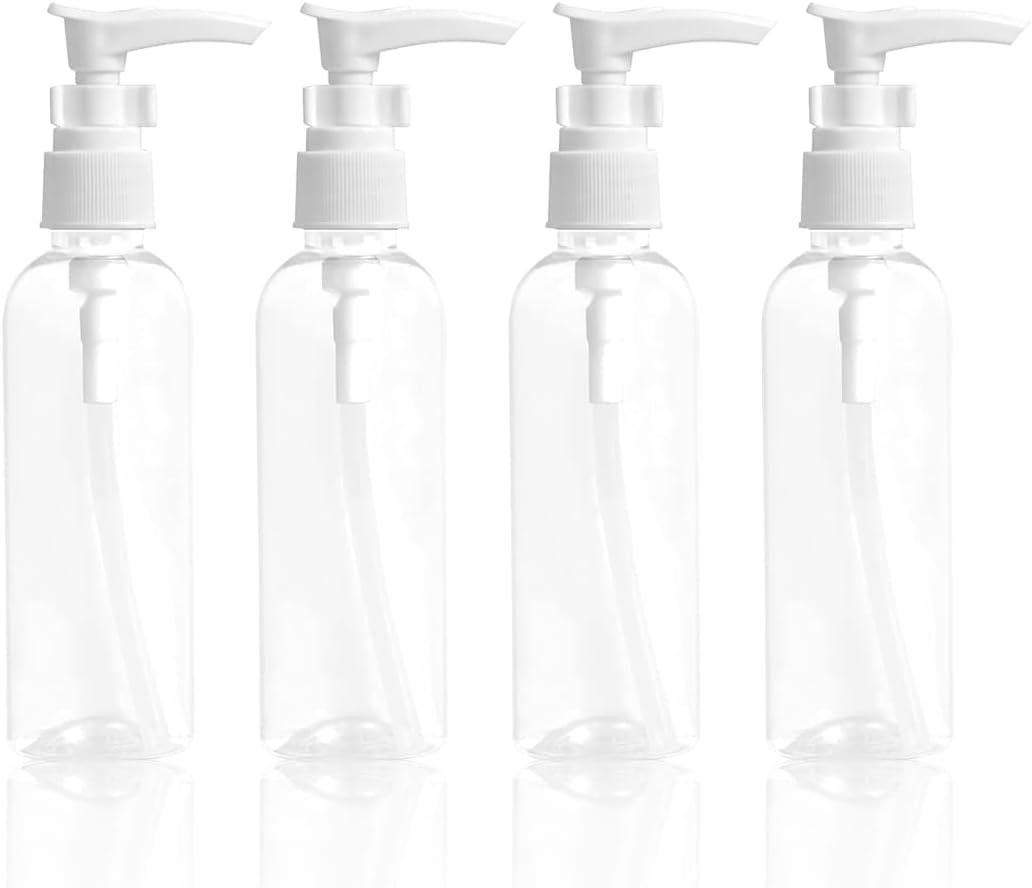 Zestaw 4 przezroczystych butelek z pompką o pojemności 100 ml – butelki podróżne, plastikowe, butelka z pompką, butelka z dozownikiem do balsamu