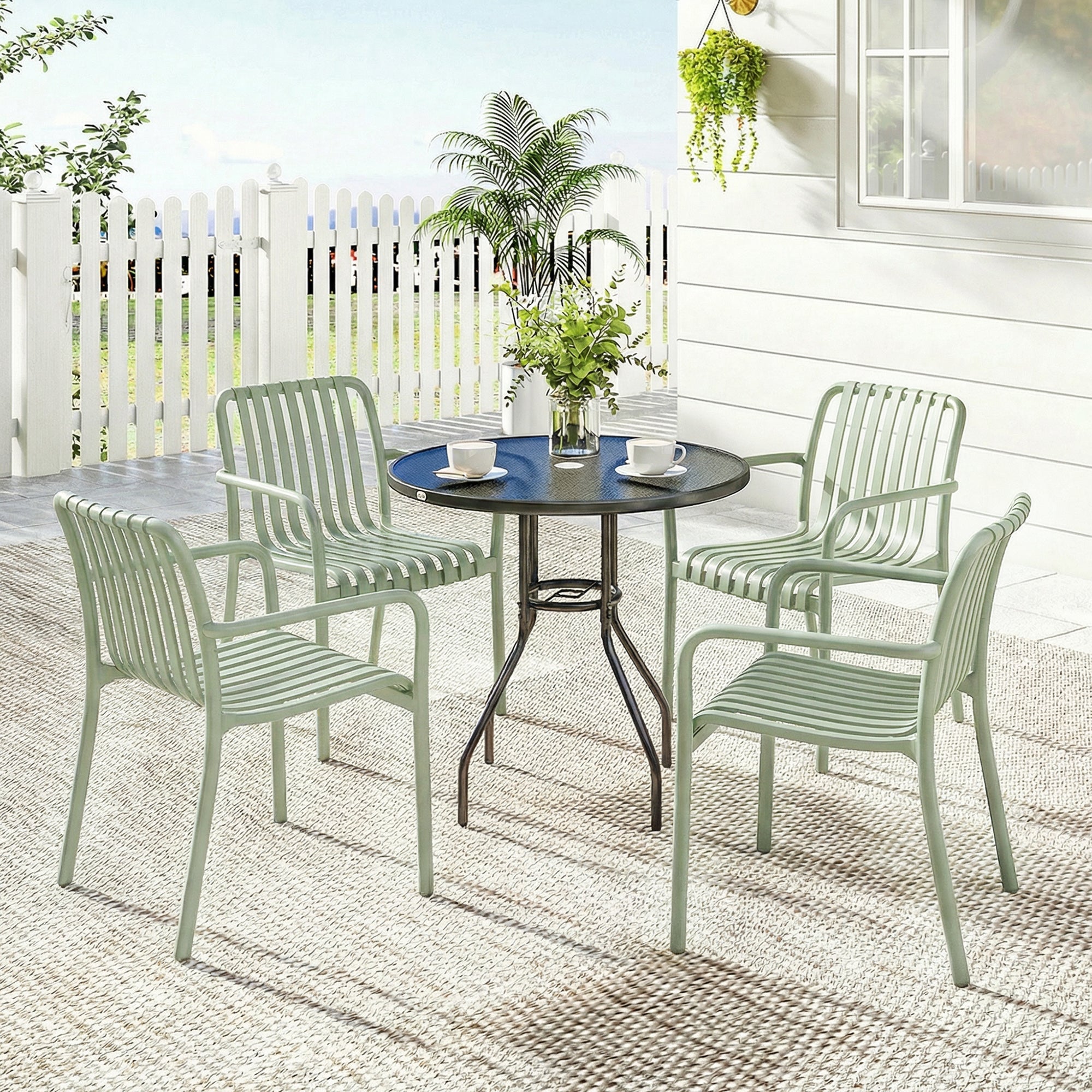 Lot 4 chaises jardin empilables polypropylène anti-UV accoudoirs dossier lattes ergonomique gris vert - 3
