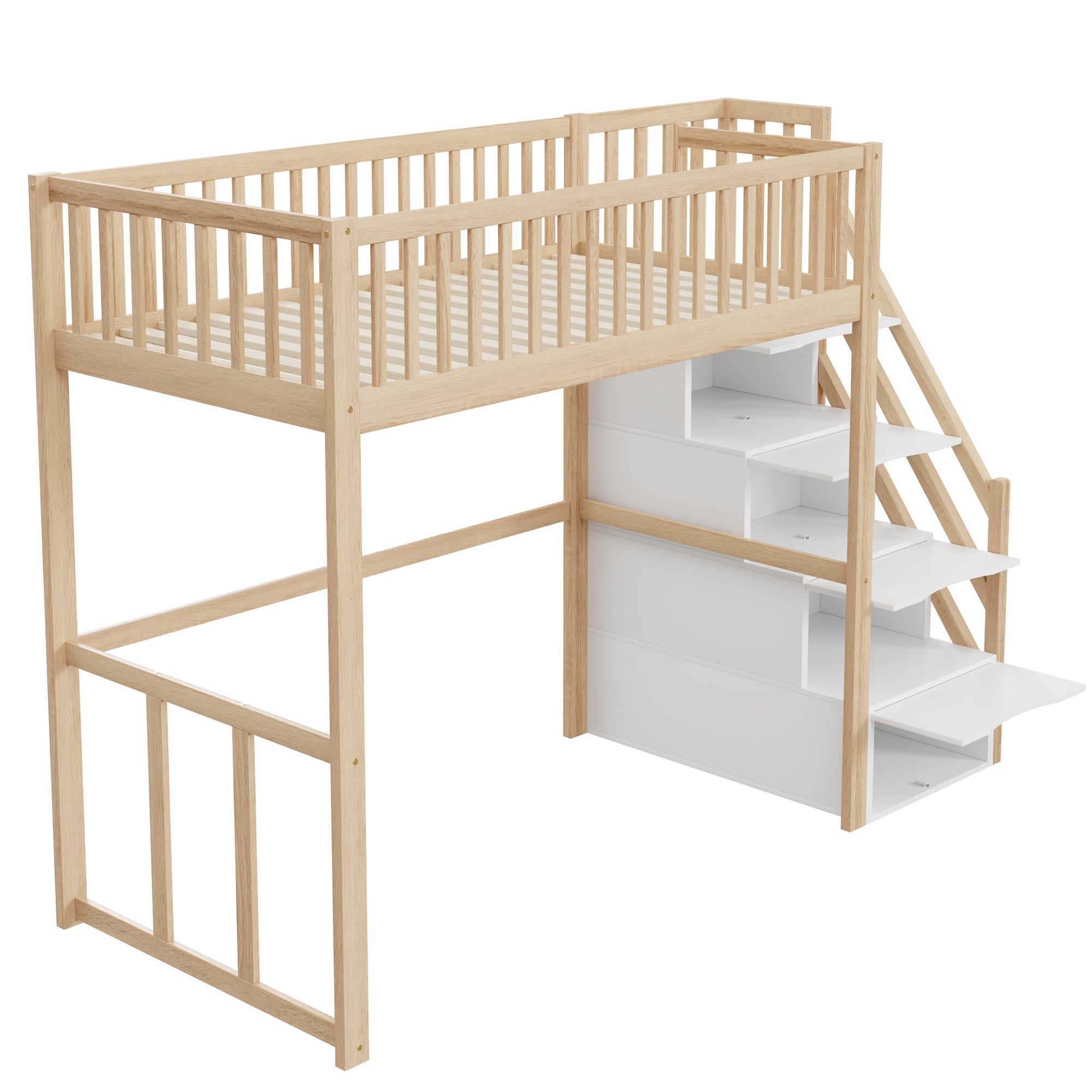 Lit mezzanine 90x200cm en bois massif - avec escalier de rangement - Naturel - 8