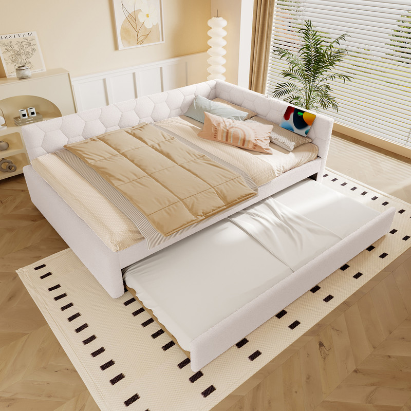 Sofa rozkładana 140x200 cm - z wysuwanym łóżkiem - z portem USB + Type-C - biała (bez materaca)