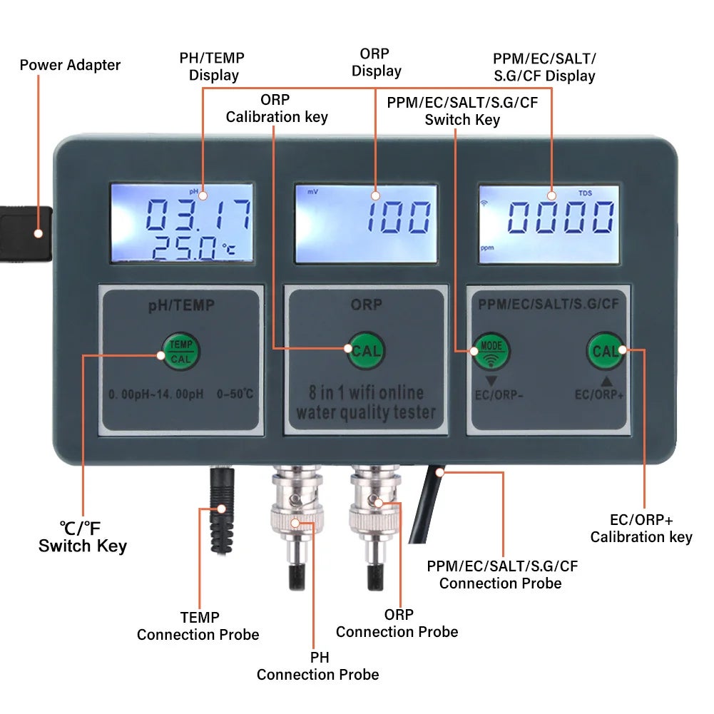 Testeur de qualité de l'eau WIFI 8 en 1 pour PH EC TDS ORP CF Température Salinité - 4