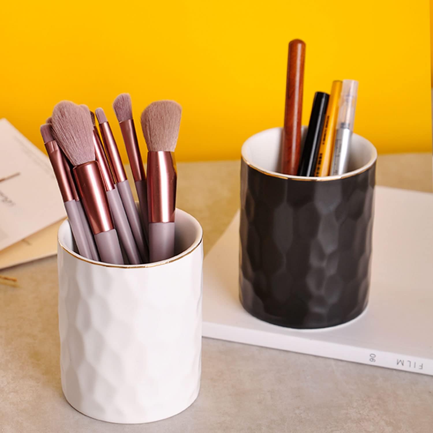 Biały ceramiczny pojemnik na ołówki - Pojemnik na pędzle do makijażu - Złoty pojemnik na długopisy na biurko - Ładny mały pojemnik na pędzle w stylu - 5