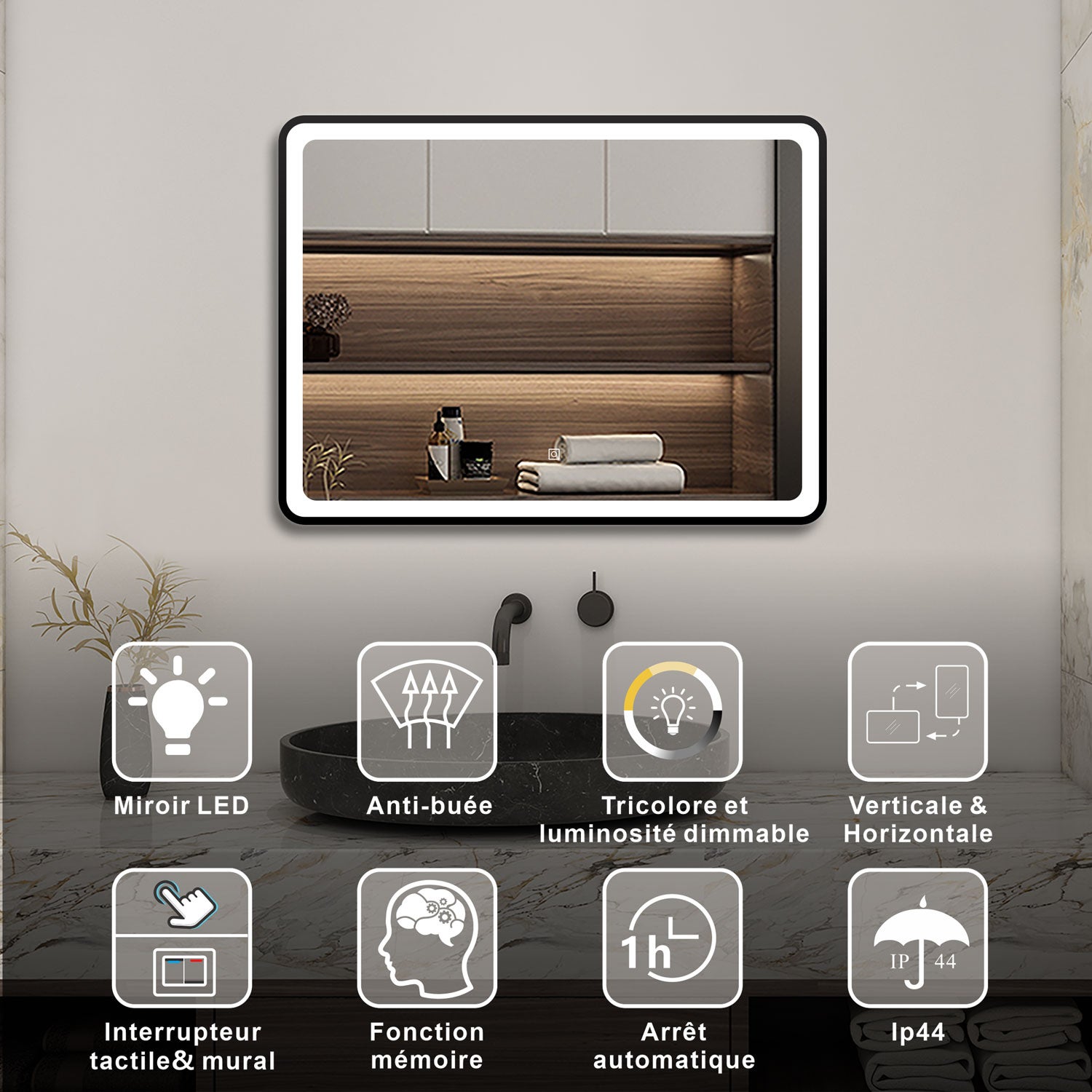 AICA Miroir lumineux 80 x 60cm avec 3 couleurs + dimmable + anti-buée + mémoire, miroir salle de bain led - 2