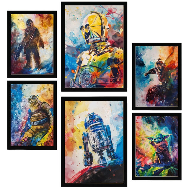 Lot De 6 Star Wars En Couleur Feuille Encadrée Avec Illustration Design Pour Décorer Murs De Maison Chambre A3 Et A4 Cadre Noir