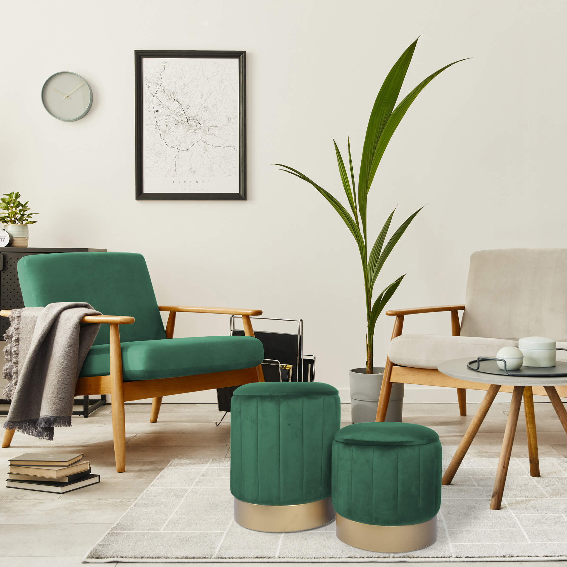 Rebecca Mobili Set Pouf Velluto Puff Contenitori Verde Sgabelli