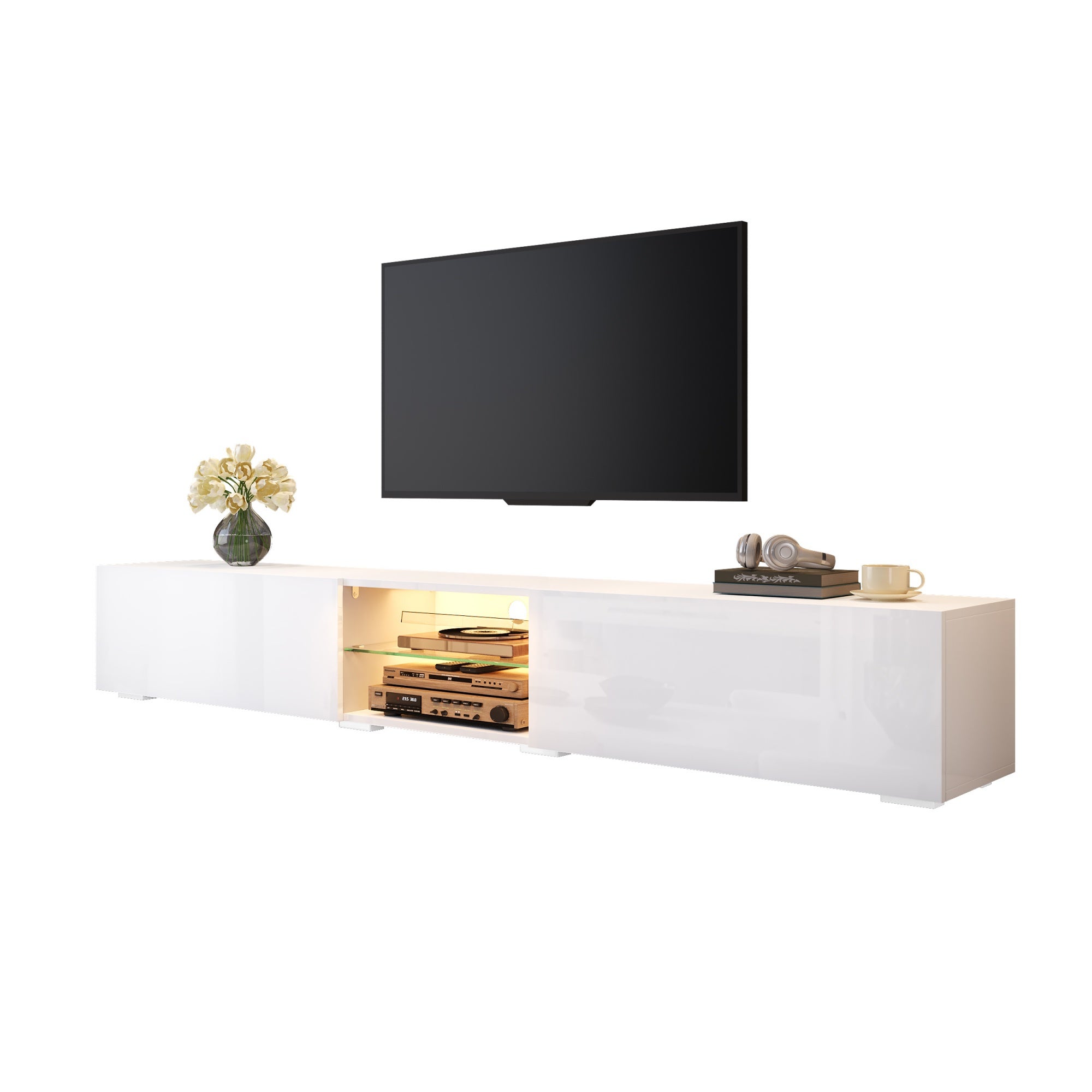 Szafka RTV 200 cm z 2 lakierowanymi drzwiami, oświetleniem LED i szklaną półką - Płyta wiórowa + MDF - 200 x 30 x 30 cm - Biała - 2