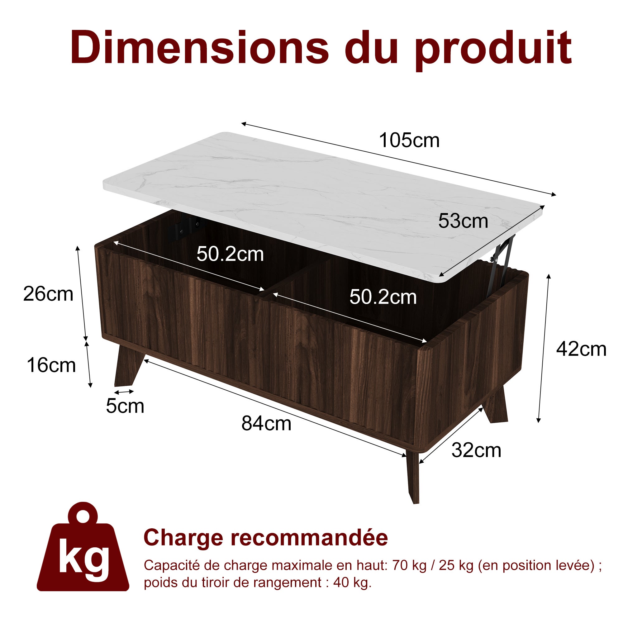 Table Basse, Table de Salon Relevable, Métal Vérin à Gaz, Plateau en Marbre,Compartiment sous Le Plateau,pour Salon,Salle à Manger, 105 x 42 x 53 cm - 3