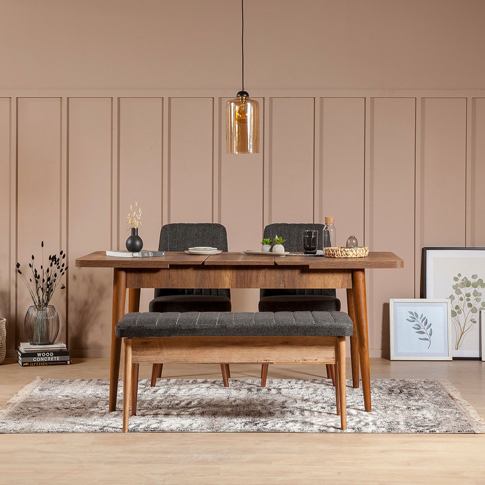 Set tavolo e sedie da pranzo allungabili (4 pezzi), noce e