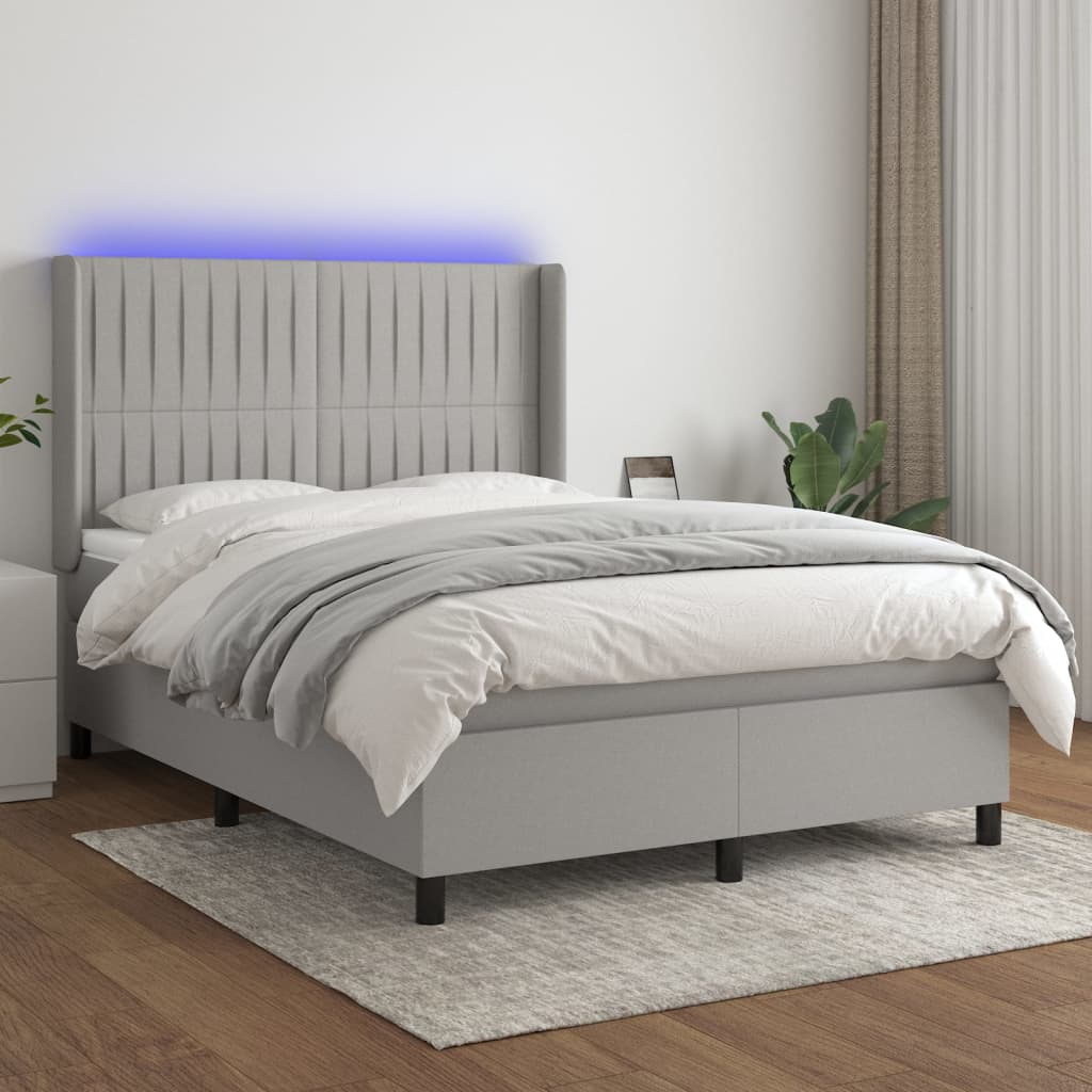 Sommier tapissier - AKOZON - 140x190 cm - Tissu gris clair - Lattes de