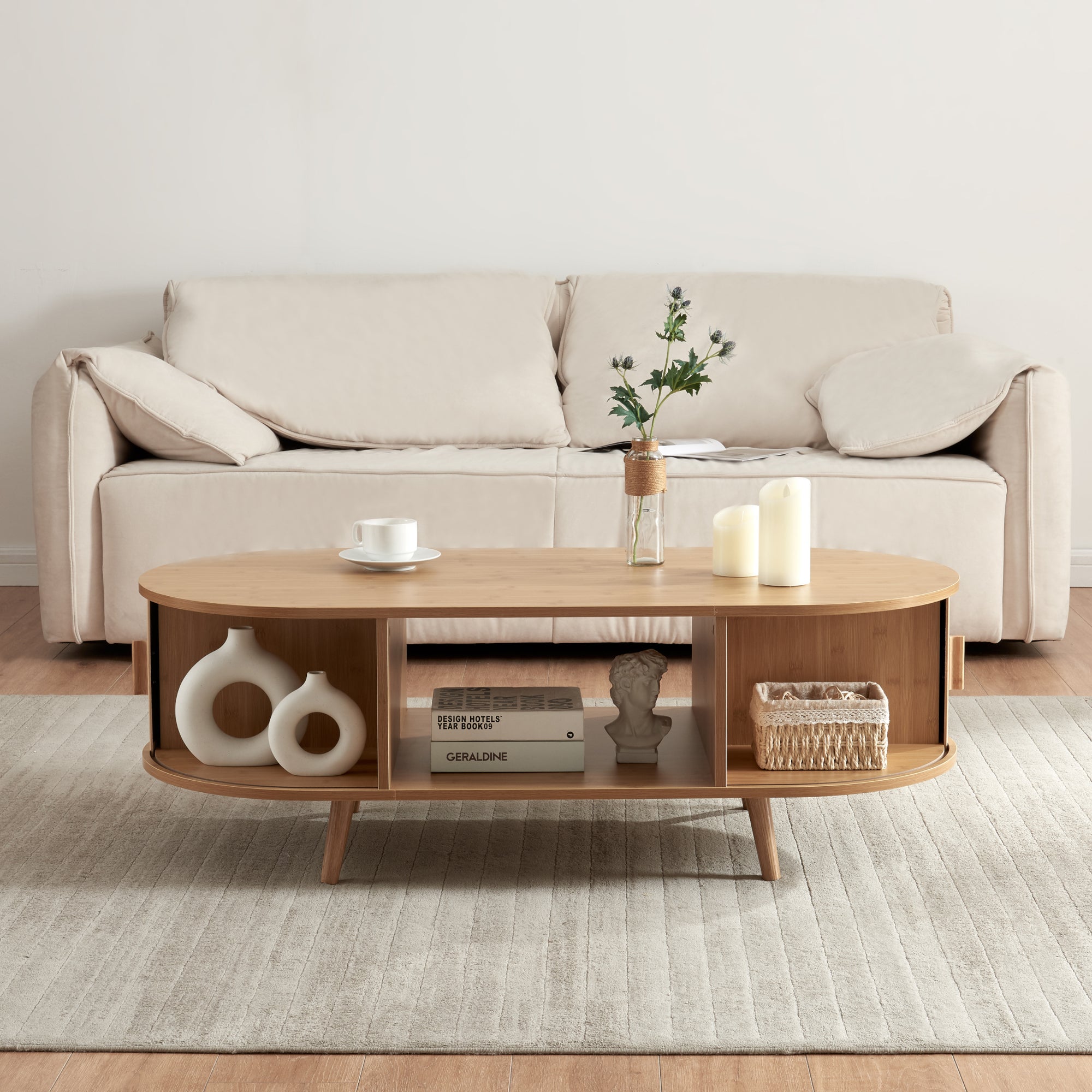 Table basse de salon Nordkapp avec portes coulissantes MDF bambou bois 120 x 55 x 40 cm naturel [en.casa] - 2