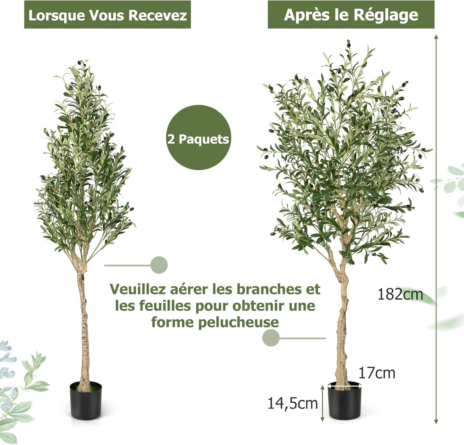 Lot de 1 Plante Artificielle en Pot Hauteur 185CM, Olivier Artificiel 1296 Feuilles en Soie 72 Fruits avec Base de Ciment Décoration - 5