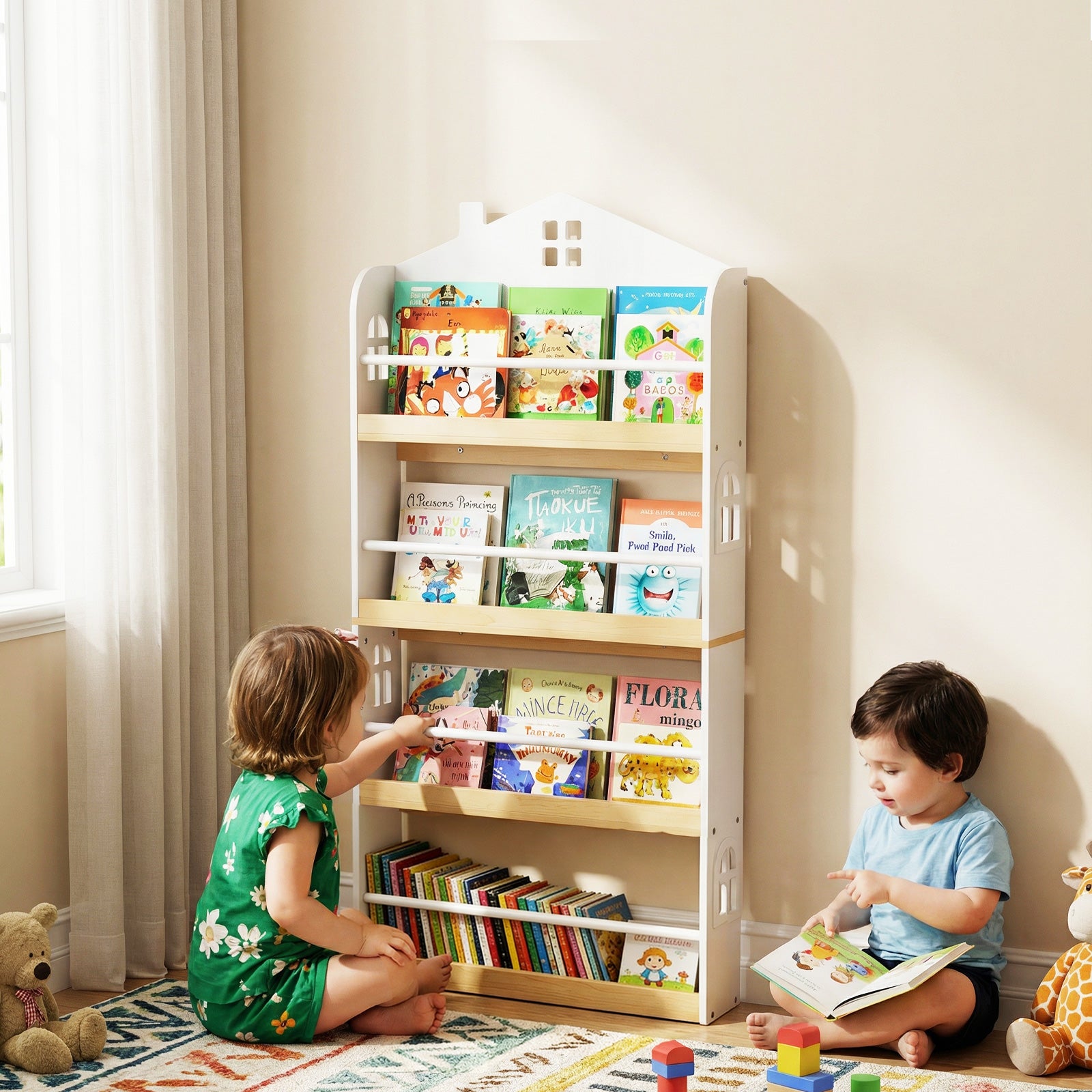 Bibliothèque pour Enfants en Forme de Maison, Étagère à 4 Niveaux avec Barrières Anti-chute et Barres Métalliques, Conception avec Socle Réservé - 8