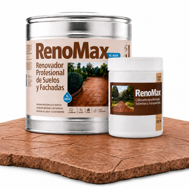 RENOMAX - Resina Hormigon Impreso y Superficies Porosas Al Agua + Tinte Hormigon Impreso Color Teja Antigua, 2L Cubre hasta 20m² | Garantía 5 Años