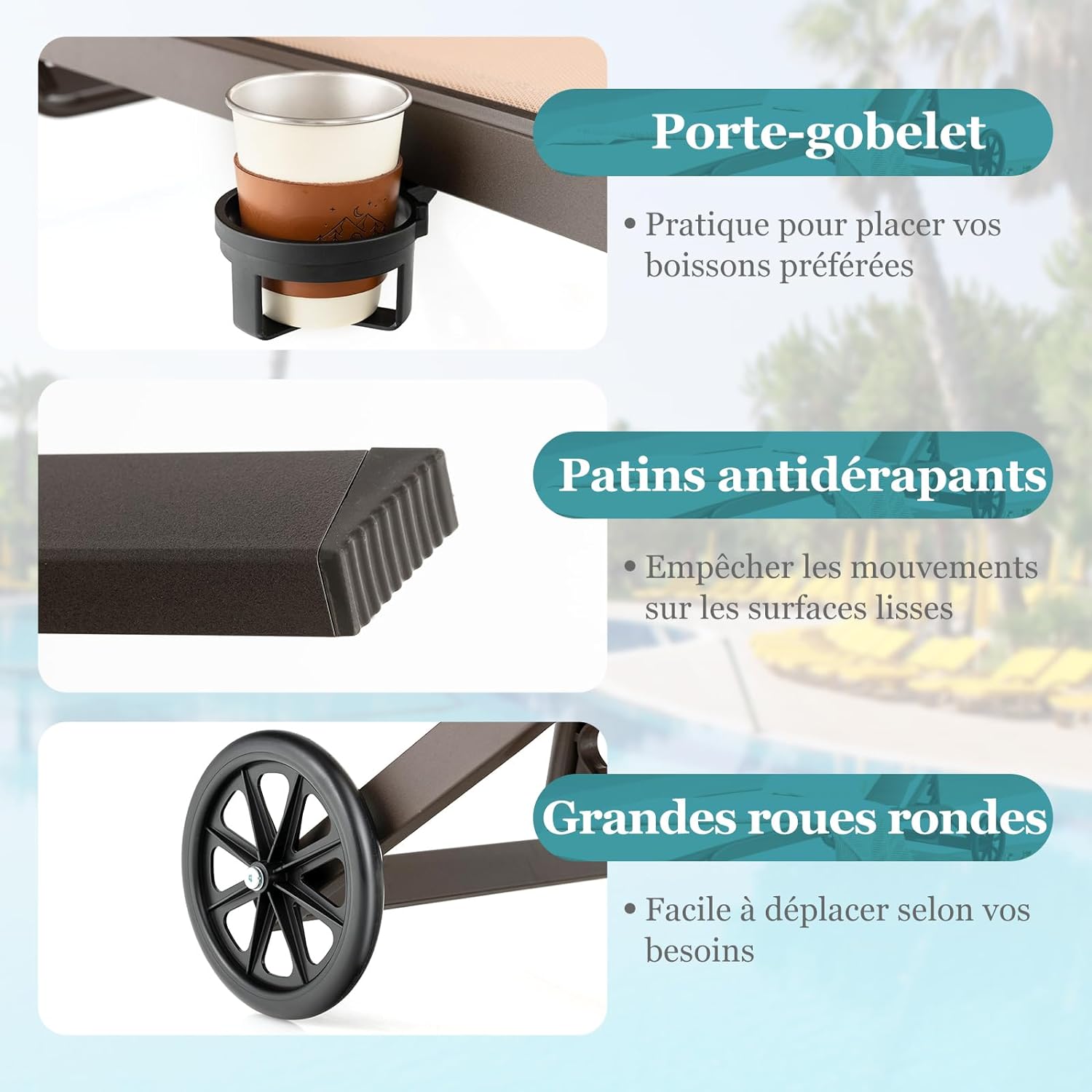 Transat Jardin Extérieur - Pare-Soleil Réglable, 165x61x96 CM, Bain de Soleil - Dossier Réglable 6 Niveaux avec Roulettes Charge 150KG, Marron - 8