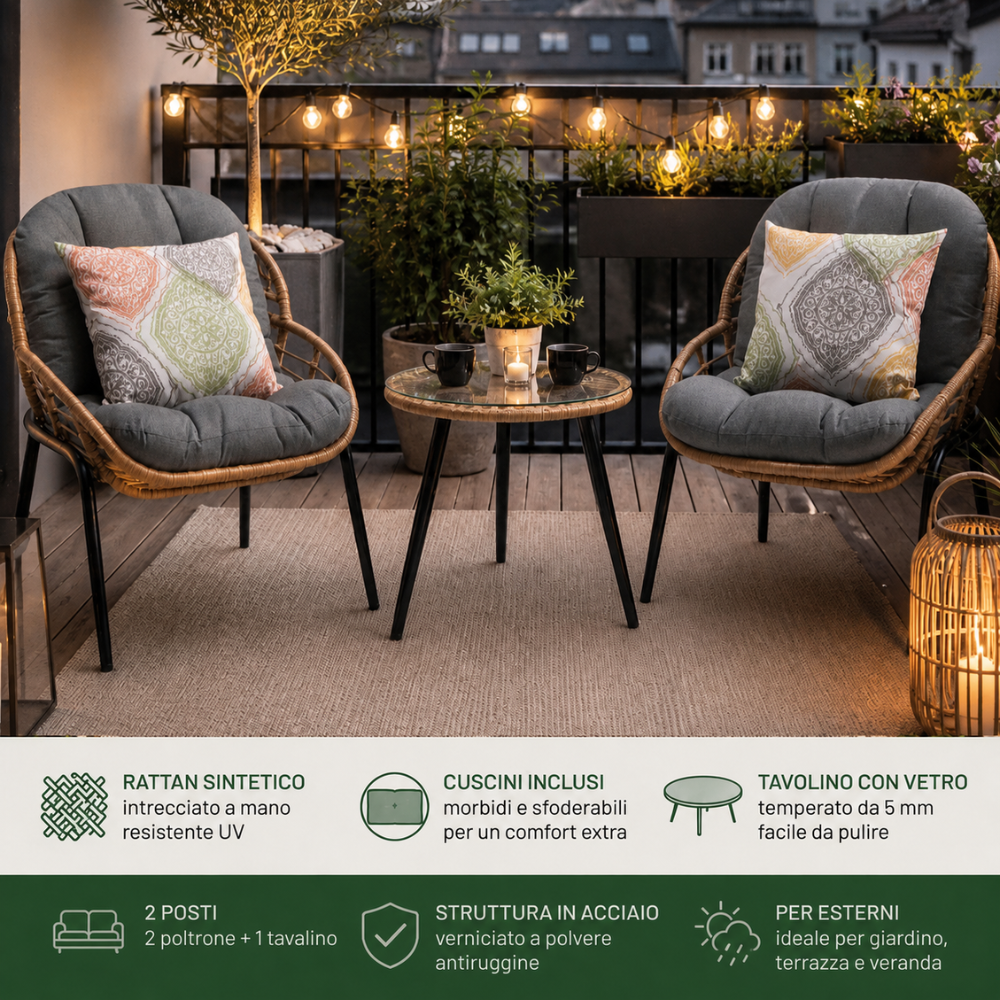 Ensemble de jardin en rotin pour balcon, comprenant 2 fauteuils et une table basse, structure en acier peint, coussins inclus, mobilier d'extérieur - 3