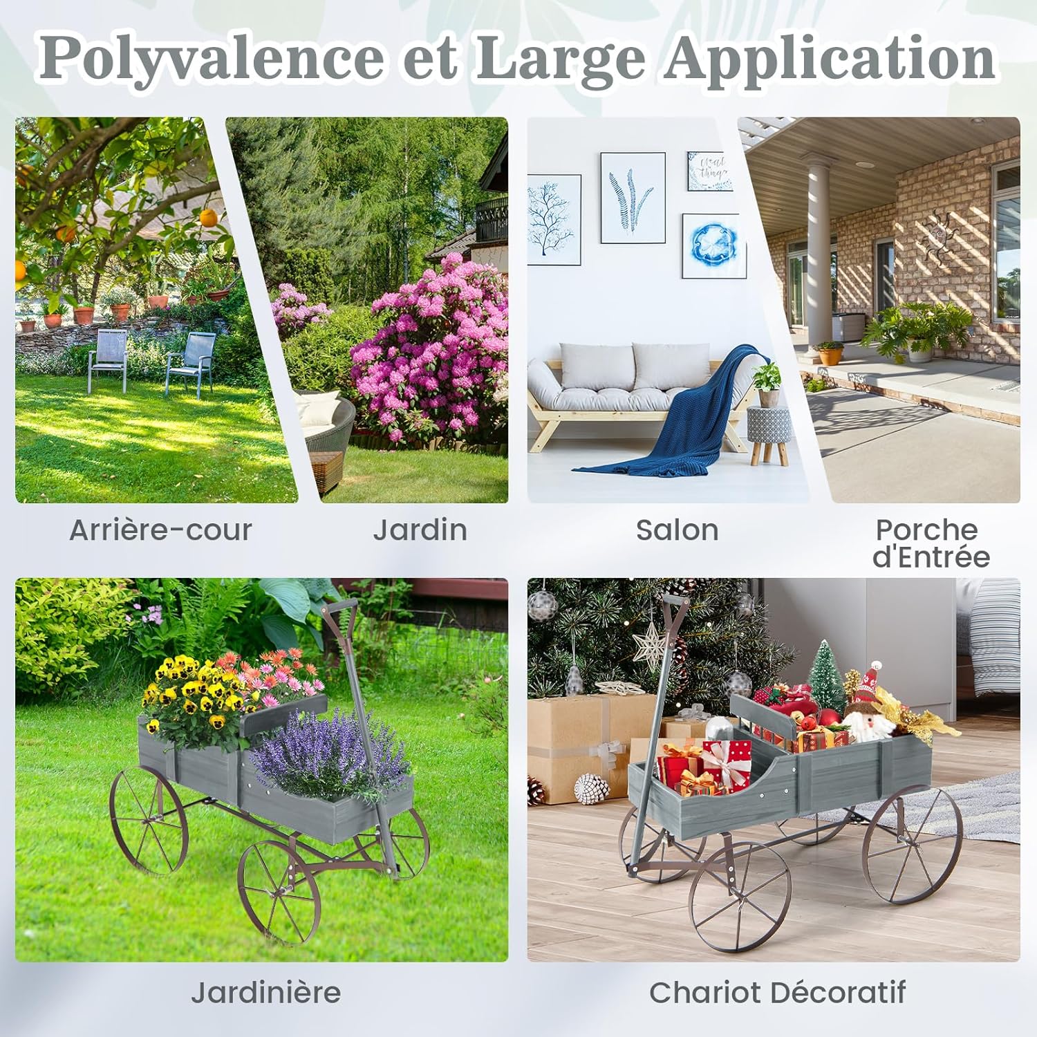 Brouette Décorative en Bois avec 2 Compartiments à Planter Roues Métalliques et Poignée à l'avant Charge 15kg pour Cour Jardin Véranda (Gris) - 9