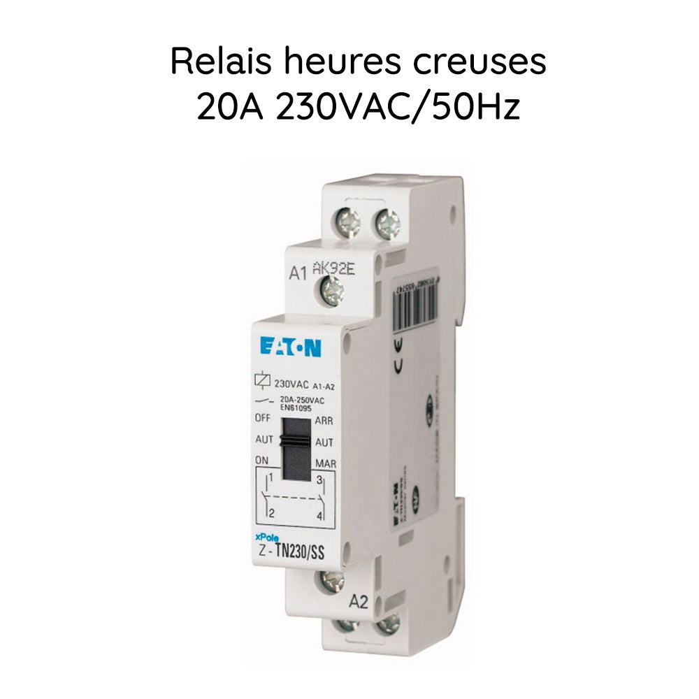 Contacteur jour/nuit Eaton, relais heures creuses 20A, tension 250 VAC, fixation rail DIN, conforme norme IEC/EN 60947 - 3