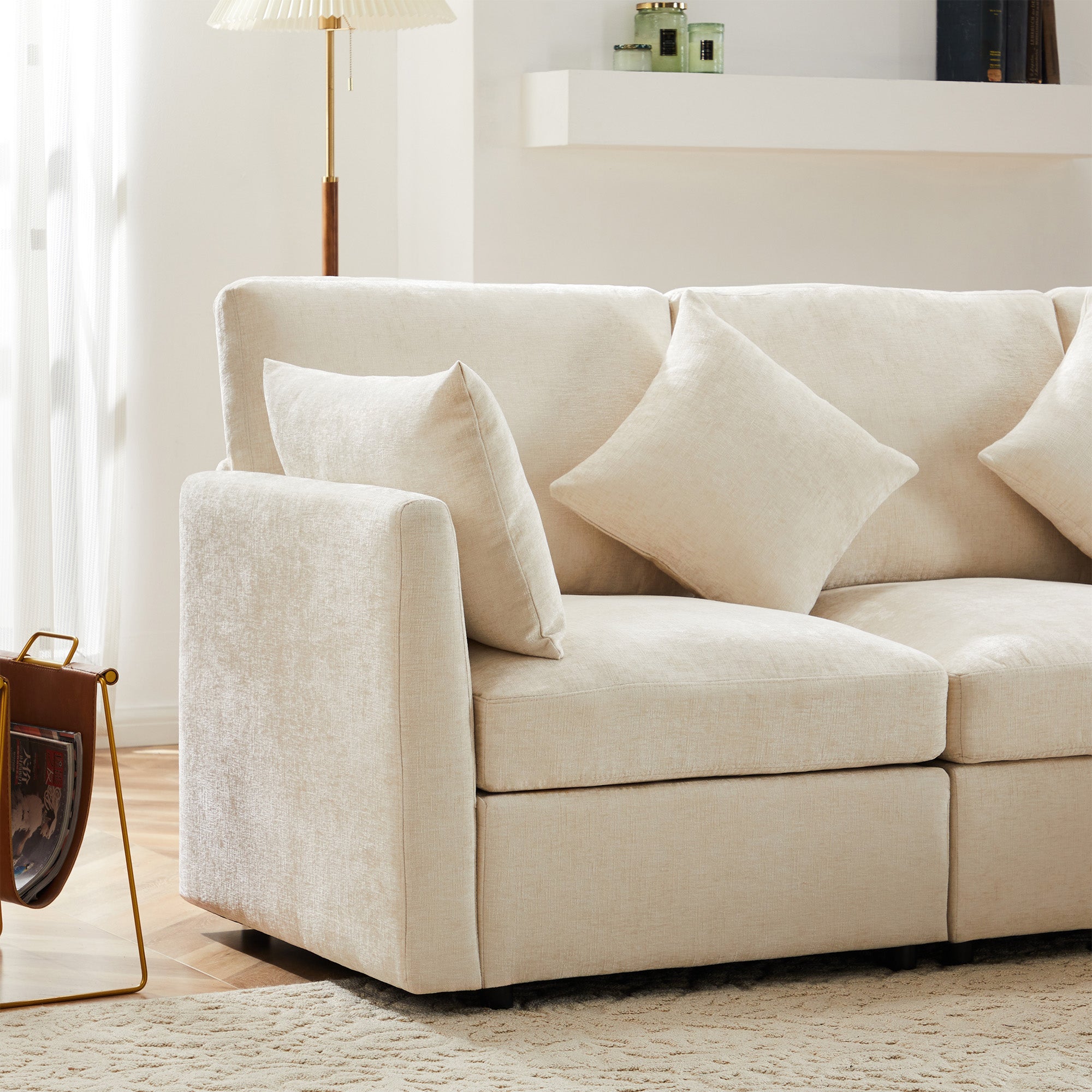 Canapé d'angle 4 places - 216 x 161 x 81 cm - Tissu chenille - Beige - 6