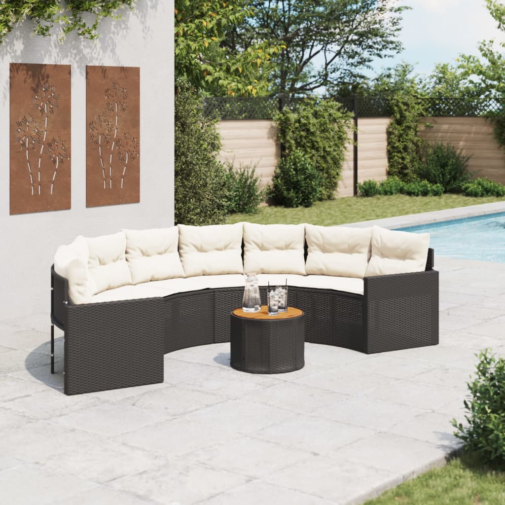 Sofa ogrodowa, stolik i poduszki, półokrągła, czarny rattan PE vidaXL