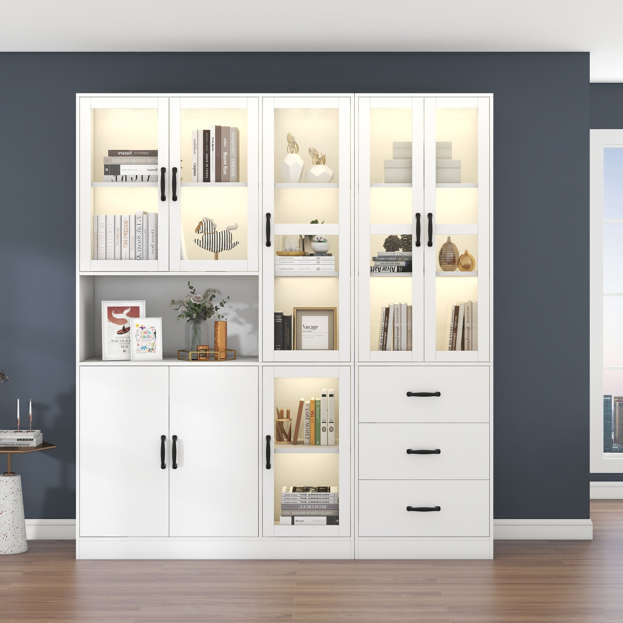 Moderna vetrina minimalista con ante in vetro, luci LED, 80x30x200 cm, Bianco+Nero
