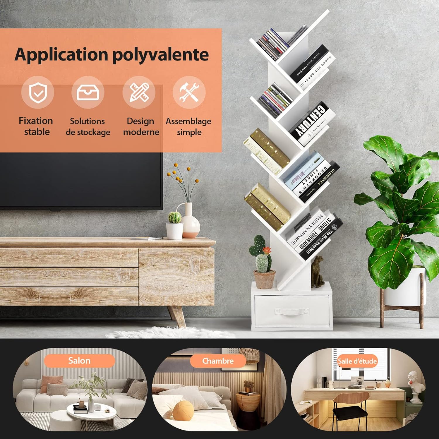 Libreria ad Albero in Legno, Scaffale a 10 Ripiani con Cassetto, Portaoggetti Autoportante per Soggiorno, Studio e Ufficio, 38 x 21,5 x 149,5 - 5