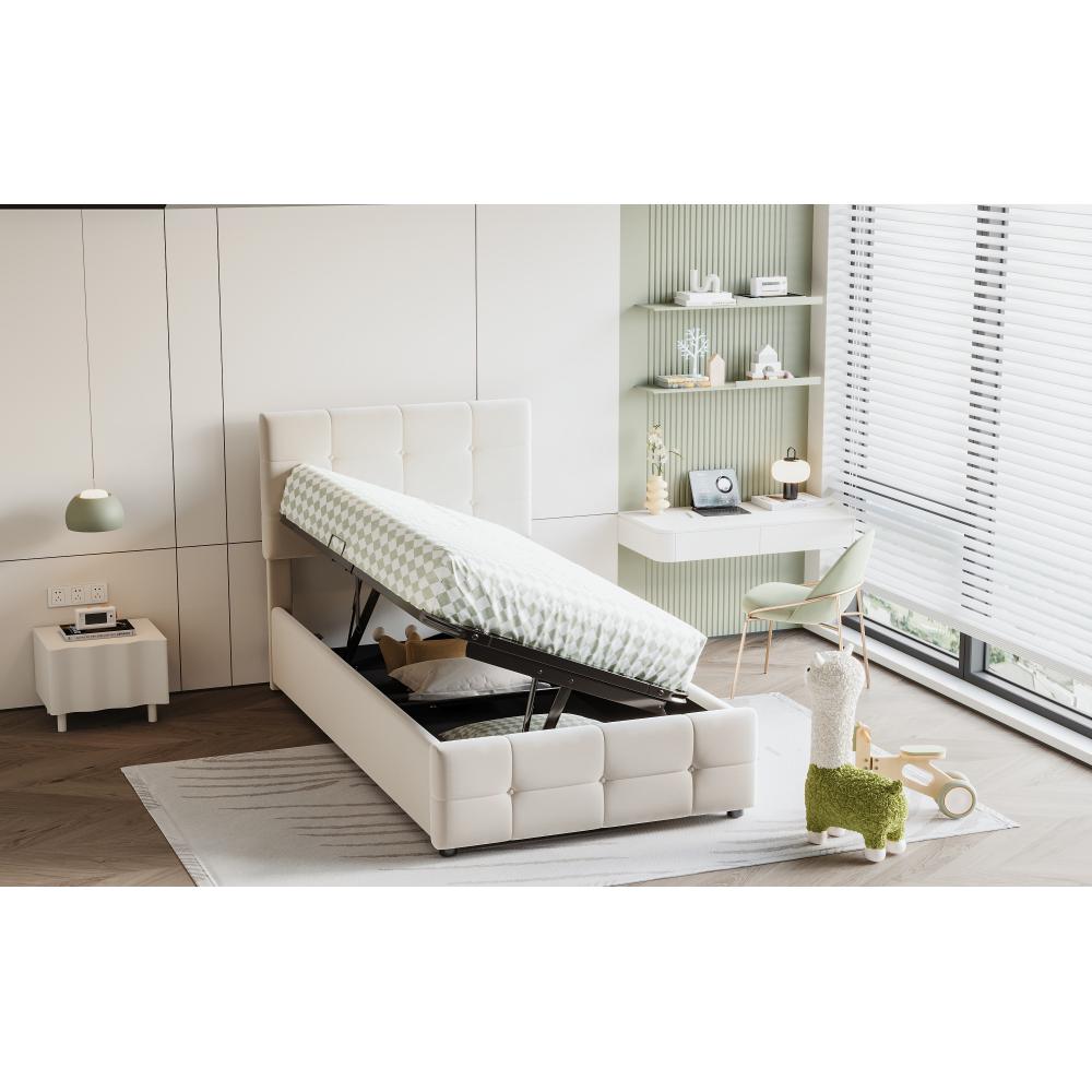 Letto per bambini 90x200 con contenitore idraulico, testiera regolabile, letto box alto in morbido velluto. - 7