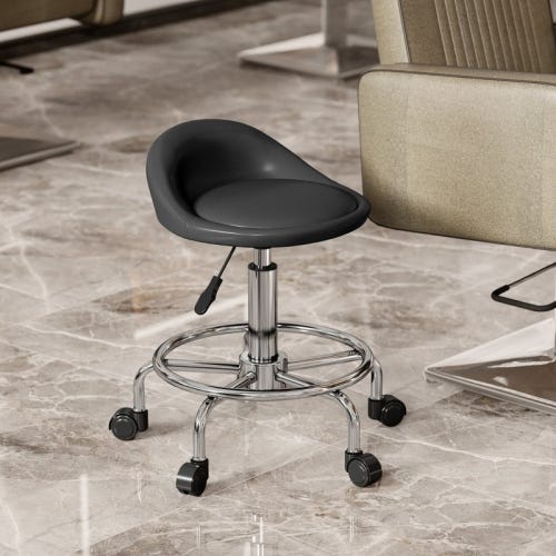 Tabouret à Roulettes Réglable En Hauteur Avec Dossier - Siège Pivotant 360° Similicuir Noir Pour Bureau Et Salon