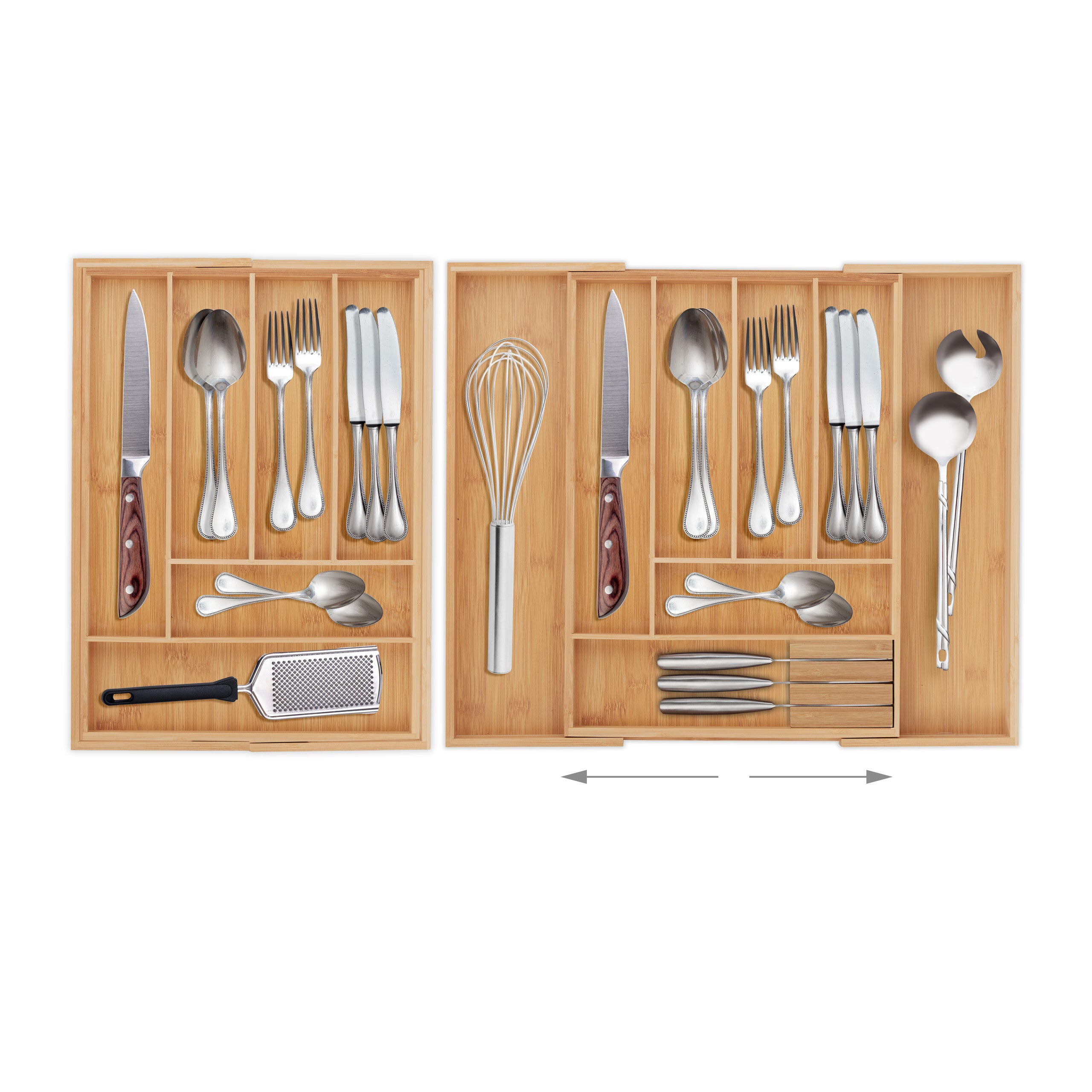 Cubertero Bambú Extensible Cajón, Bandeja Cubiertos 6-8 Espacios 2 Soportes Cuchillos, 5x32x43cm, Natural, Relaxdays - 3