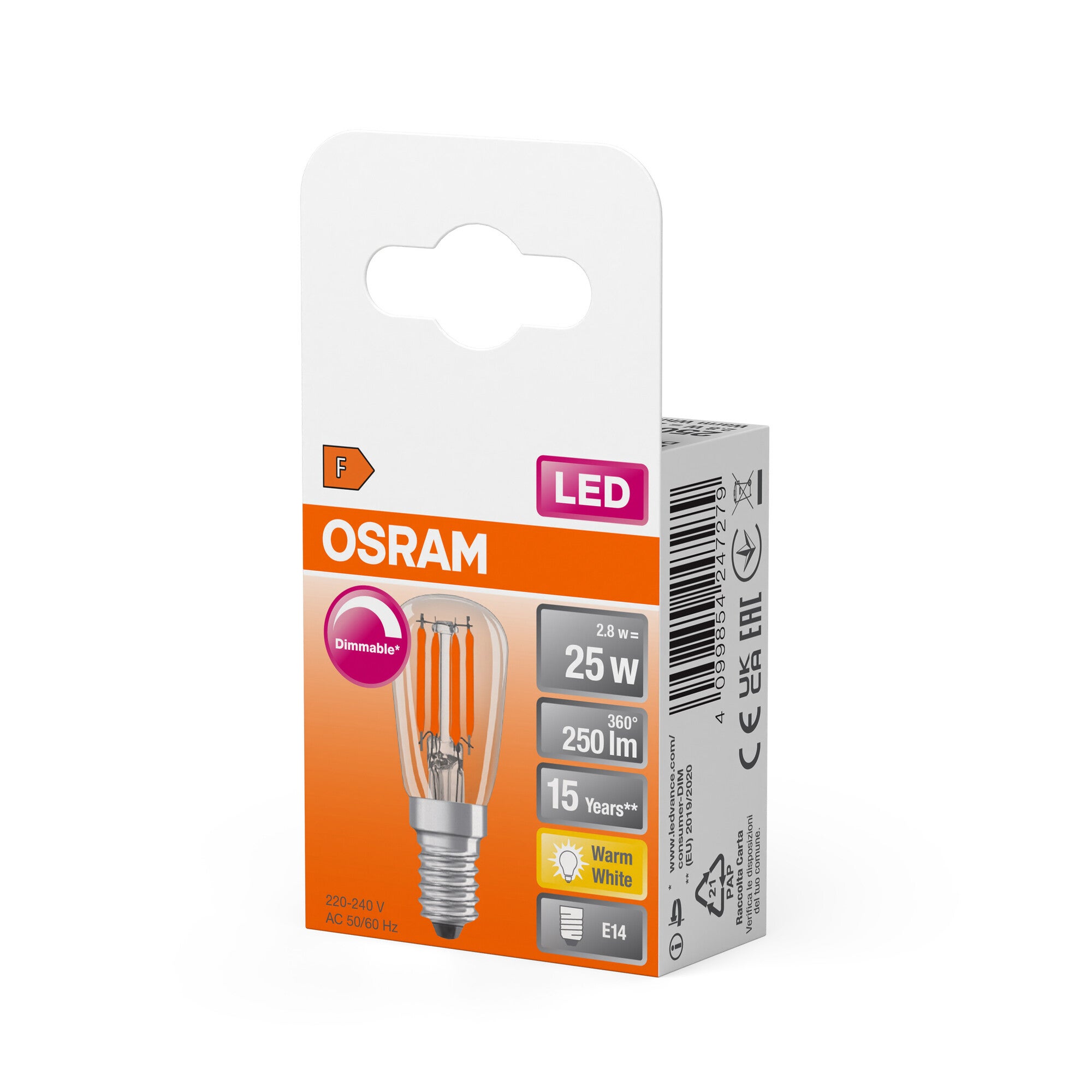 OSRAM LED spéciaen forme de goutte, transparente, multicolore, 2,8 W, 250 lm, 2700 K pour lumière blanc chaud, culot E14, diamètre 26 mm, EEK F, - 2