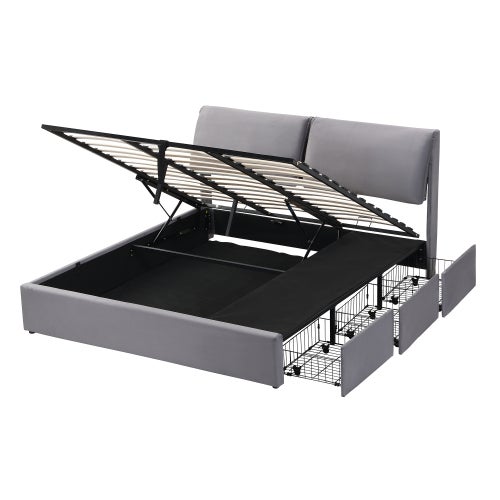 Letto capitonné 180x200 cm, letto idraulico con 3 cassetti, cofanetto, testata, velluto grigio