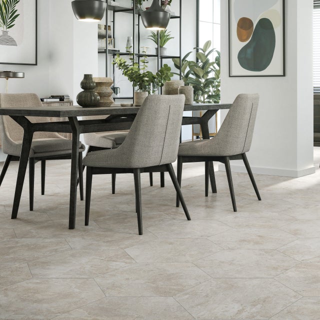 Grès Cérame Premium Format 56x48,5 Intérieur/Extérieur Arlet White Hexagonal Effet Travertin