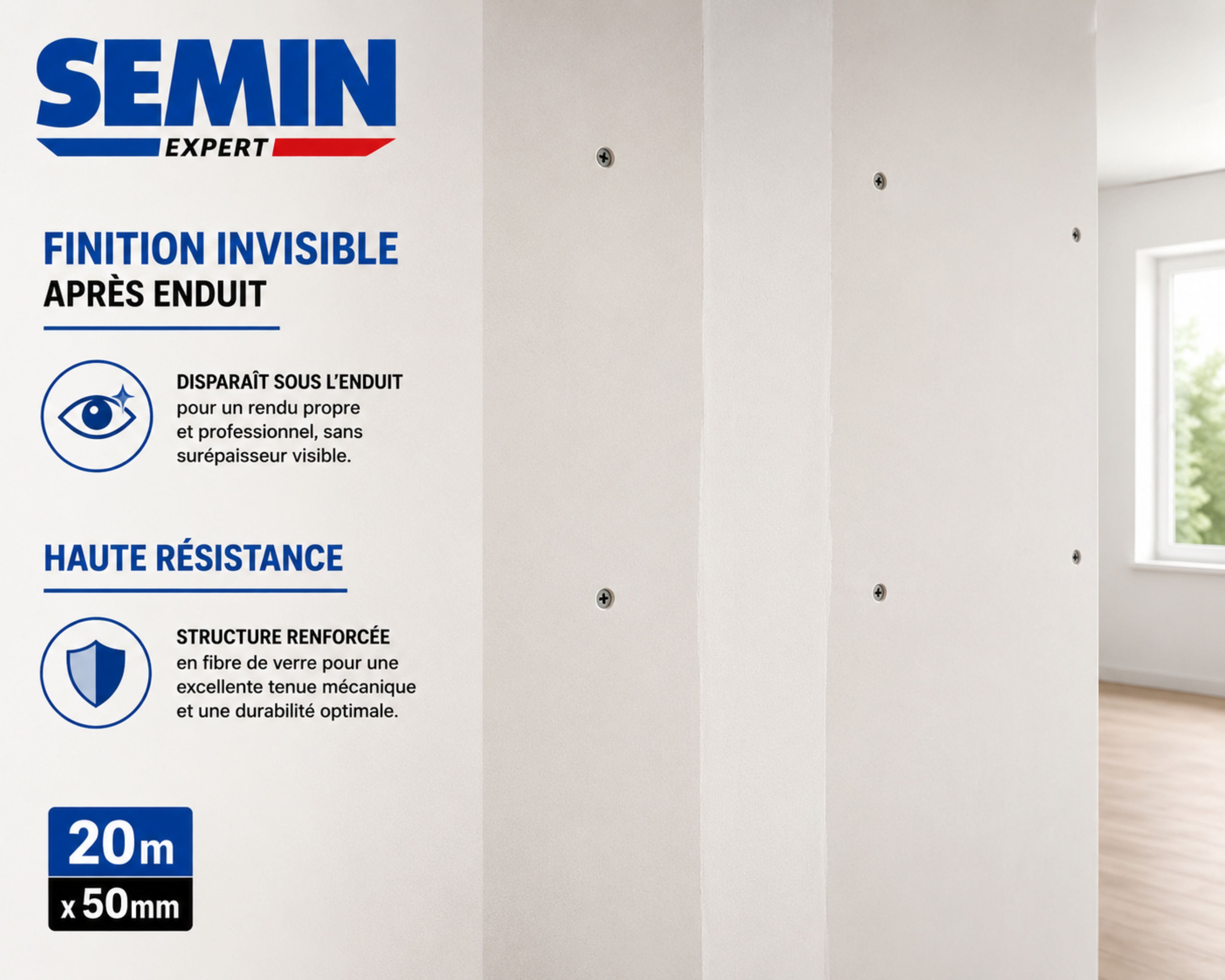 Lot de 3 bandes grillagées adhésives Semin pour réaliser les joints des plaques de plâtre en association avec un enduit - 20 m - 4