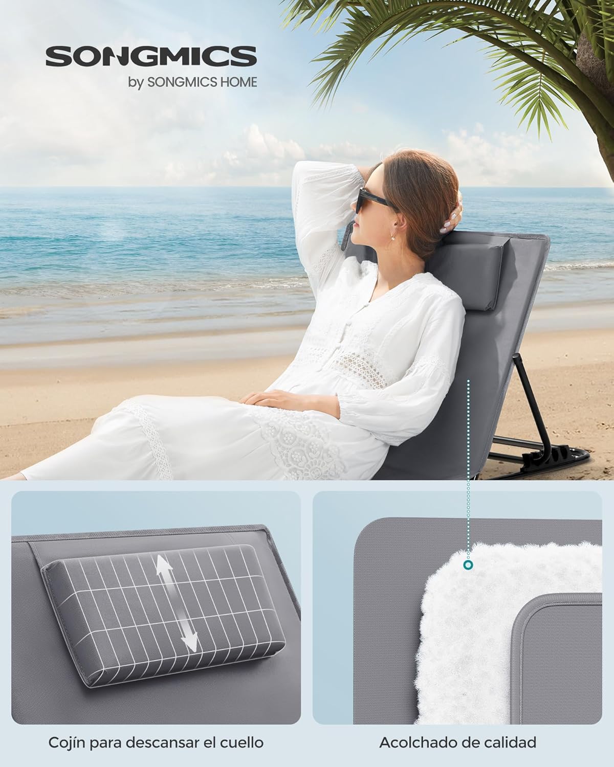 Juego de 2 Tumbonas de Playa, Tumbona, Respaldo Basculante, Portátil con Asa, para Camping Jardín Piscina, 158 x 55 cm, Gris Pizarra - 2