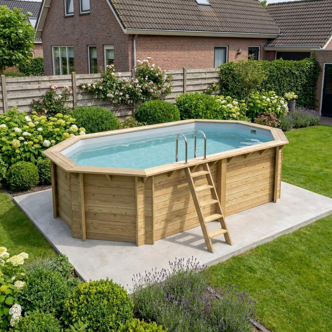 Piscină supraterană din lemn NEMO 5,79 x 3,49 – H. 1,45 m, gri deschis, cadru metalic – fără placă de bază – BAS7304OSPU2