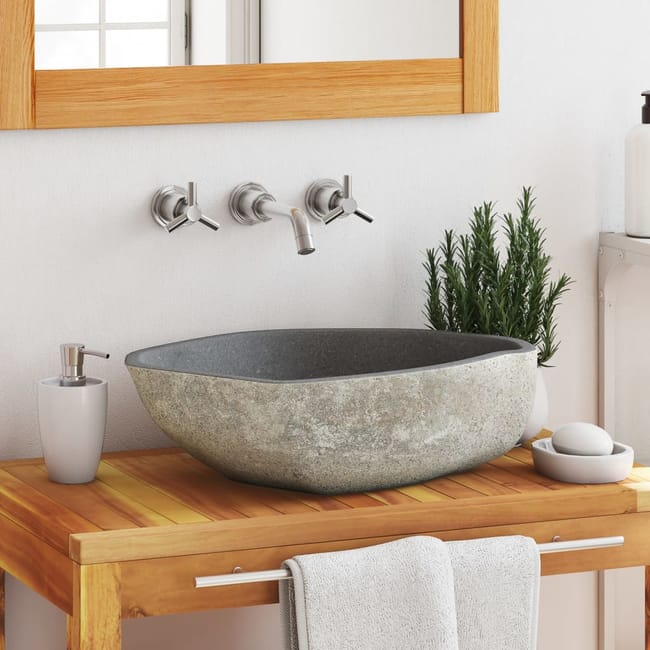 Lavabo In Pietra Naturale Per Bagno, Lavandino Ovale Per Bagno,Lavello Della Cucina In Pietra Di Fiume, Lavabo Da Appoggio (38-45 Cm