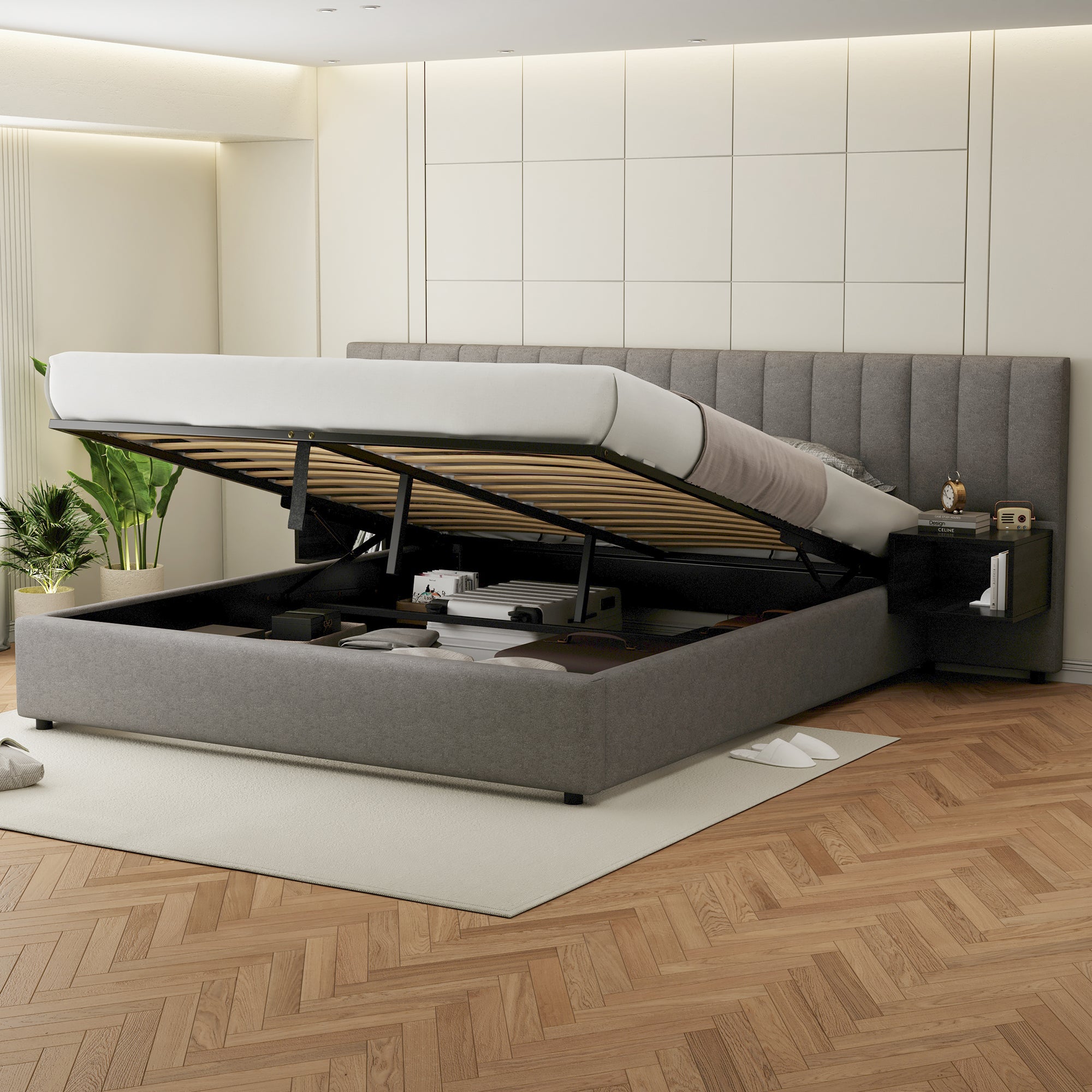 Cama contenedor 180 x 200 cm con cabecero grande y 2 mesitas de noche - Tela de lino - Gris + negro (sin colchón) - 7