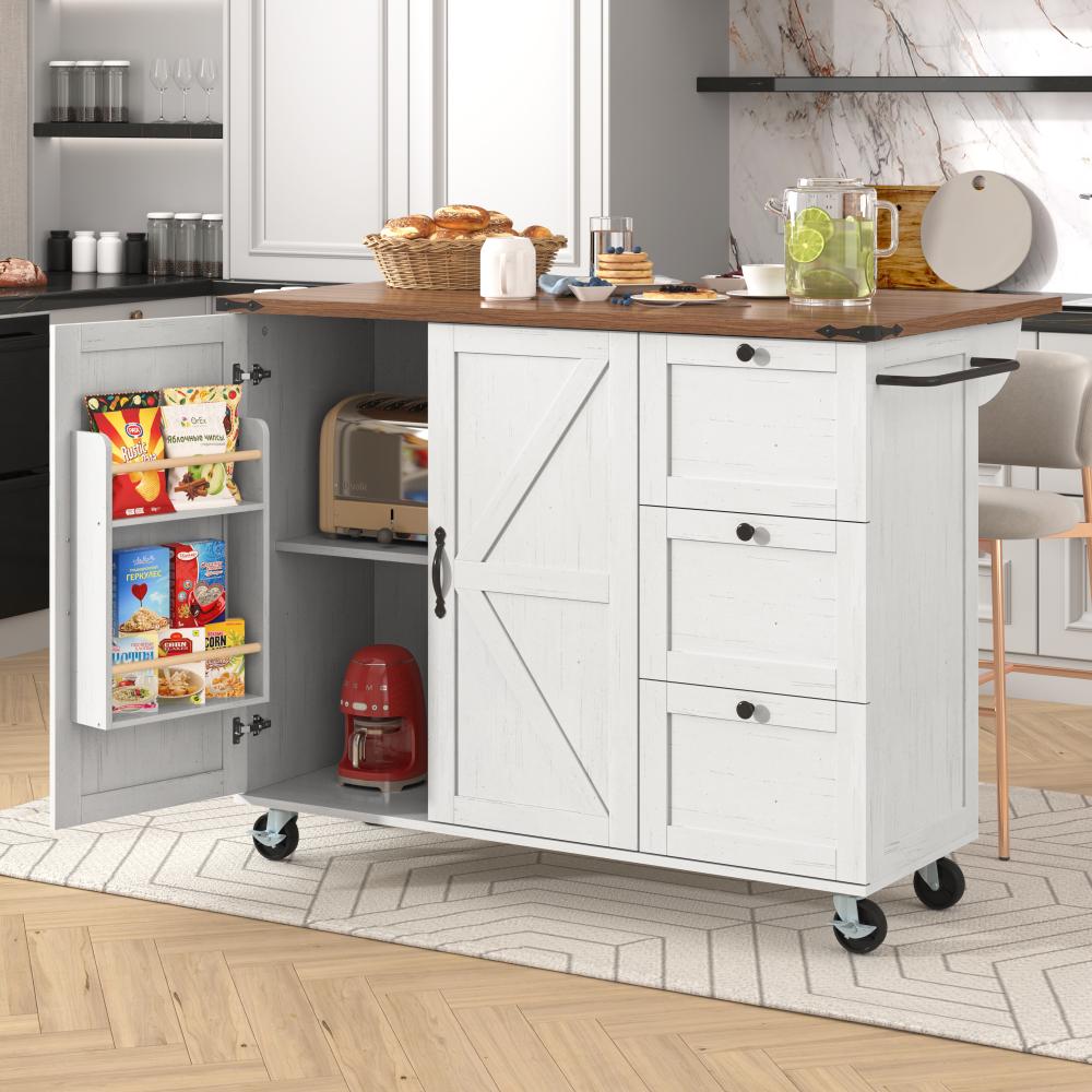 Wyspa kuchenna z wysuwanym blatem, wózek 140x45x92,5 cm, 3 szuflady, 2 drzwi, mobilny schowek z blokowanymi kółkami
