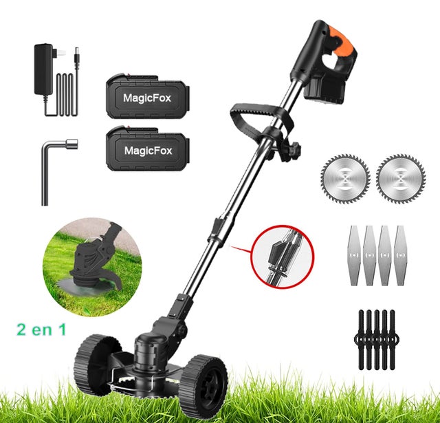 Coupe Bordure sans fil avec 2 batteries, Roue de Guidage Amovible, Débroussailleuse Électrique sans fil - 3 Types de lames