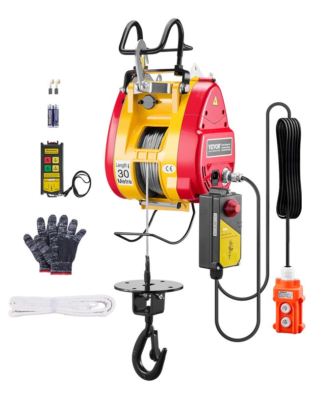Palan électrique VEVOR 2 en 1,500 kg,treuil portable 1500 W,hauteur 30 m,vitesse 11 m/min,télécommande,garage,entrepôt,usine