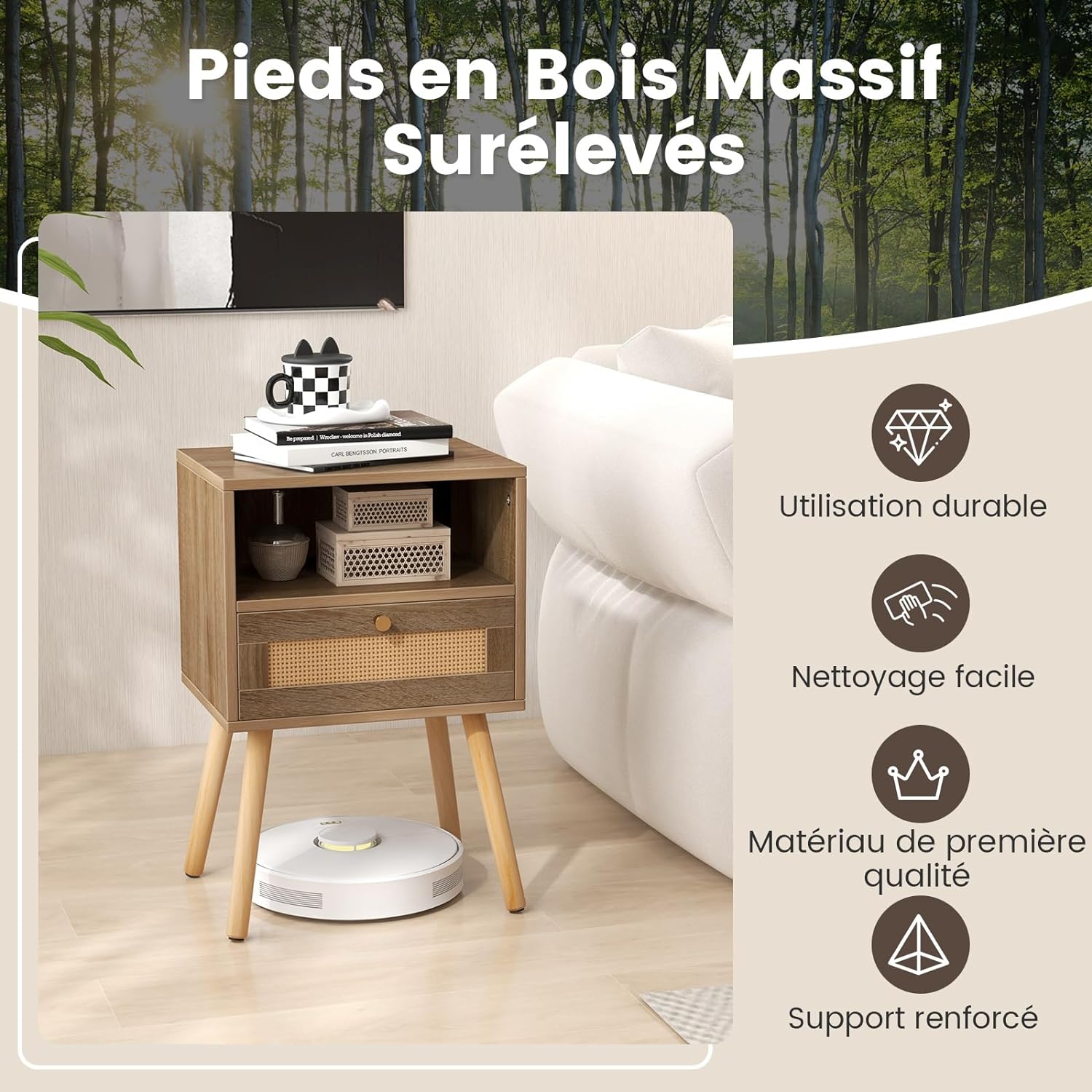 Lot de 2 Tables de Nuit en Rotin, Table de Chevet Bois avec Tiroir, 4 Pieds en Pin, Compartiment Ouvert, Table d'Appoint pour Salon, Chambre - 5