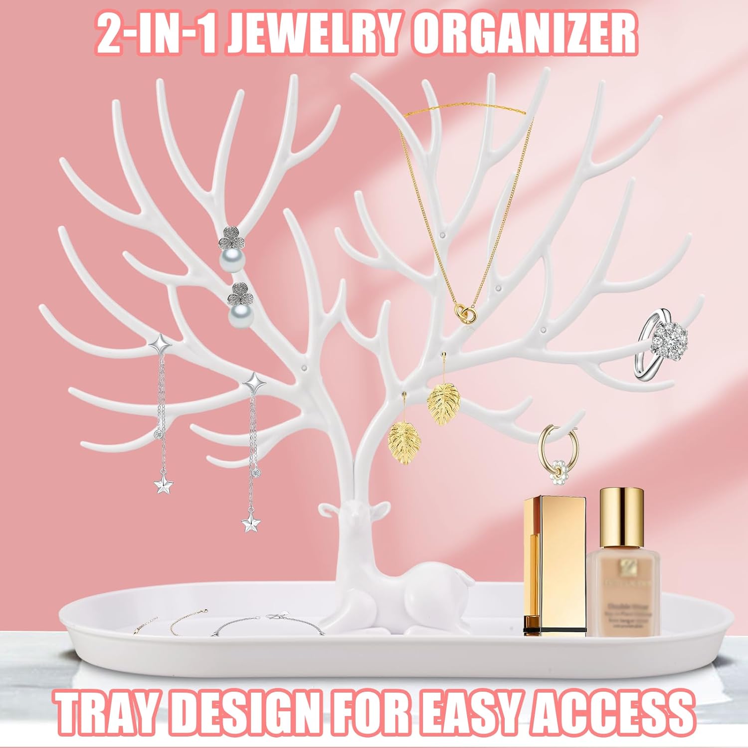 Arbre a Bijoux En Bois de Cerf avec Plateau 2 En 1 Support Boucle D'Oreille en Plastique, Porte Bijoux Femme, Porte Boucles D'Oreilles Présentoir Col - 5