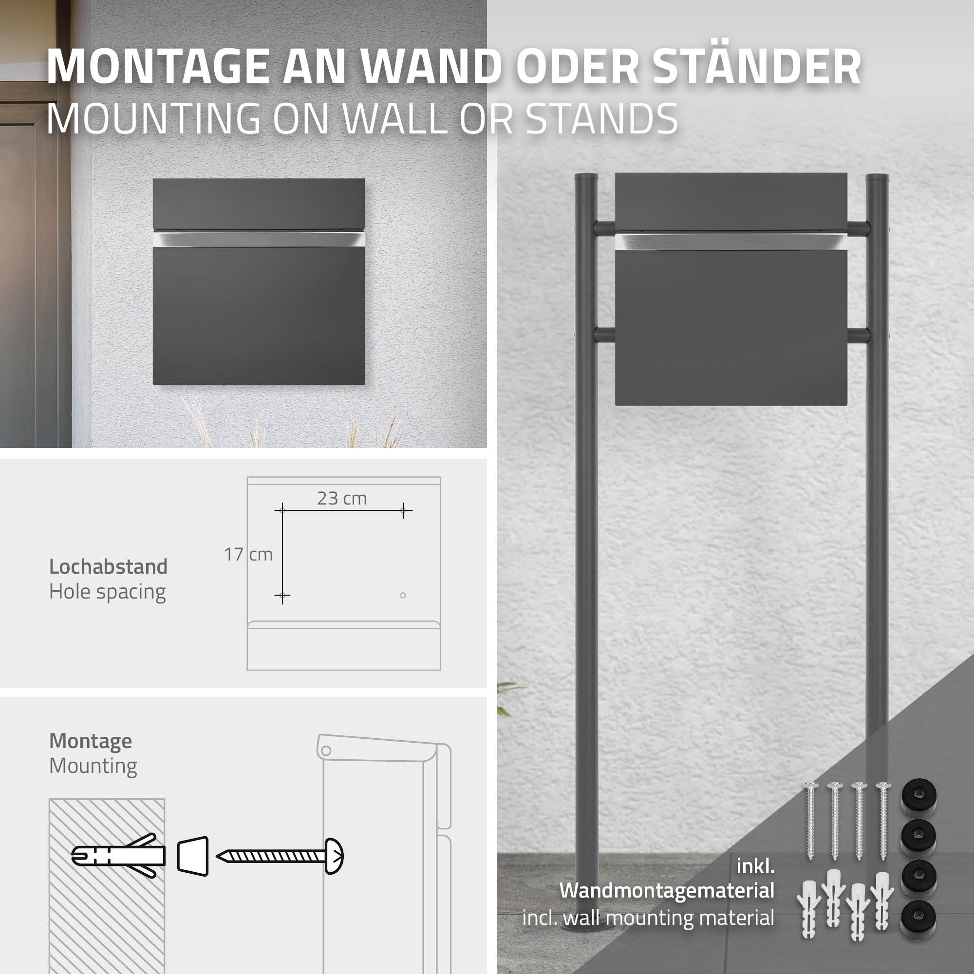 Caixa de correio de design moderno com compartimento para jornais, antracite, feita de aço revestido a pó com 2 chaves e material de montagem - 5