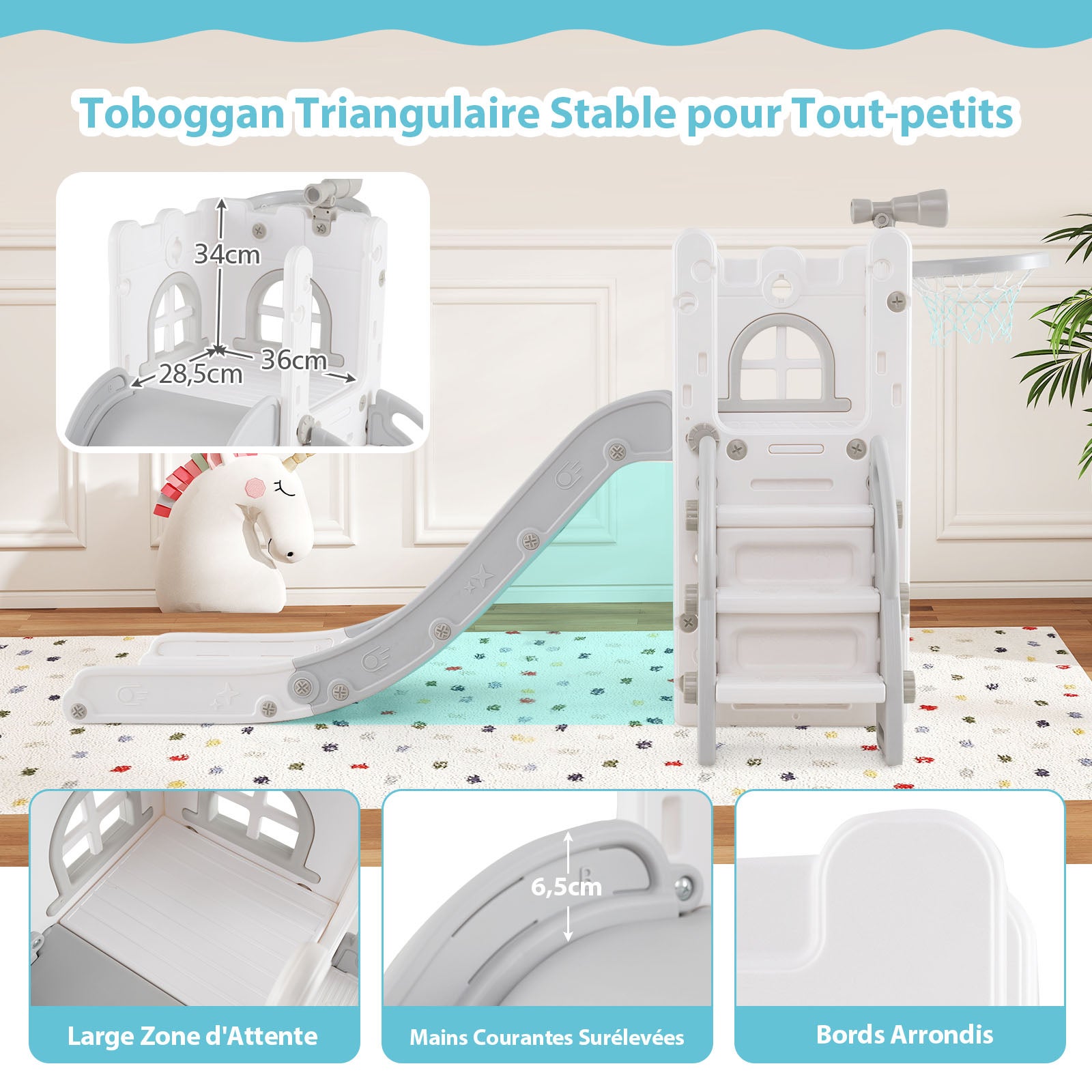 6 en 1 Toboggan Enfant en HDPE avec Panier de Basket & Télescope, Aire de Jeux Intérieure avec Échelle & Espace de Rangement, Blanc+Gris, pour 1 Ans+ - 9
