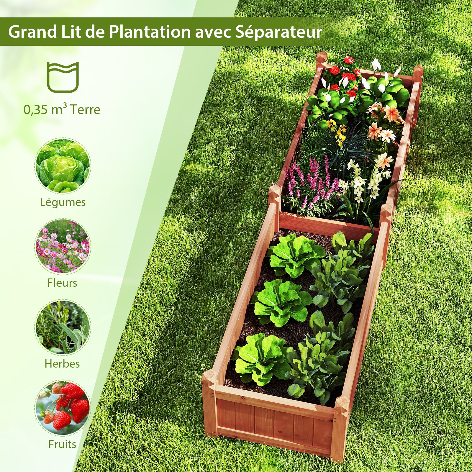 Jardinière Rectangulaire 227 x 59,5 x 40 cm avec Séparateur, Système de Drainage, Doublure, pour Cultiver des Légumes, Fleurs, Marron - 6